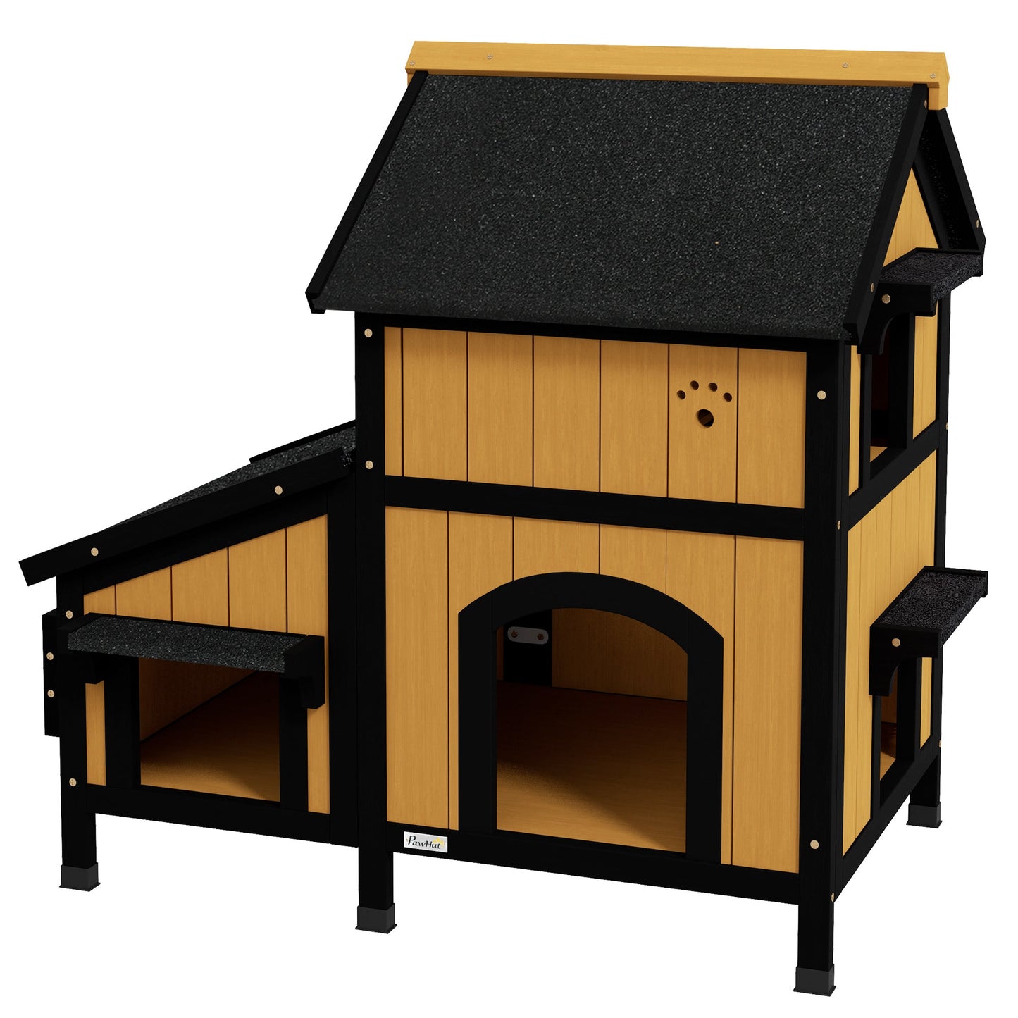 Wooden Outdoor Cat House with Flower Pot, Windows, Multiple Entrances, Water-Resistant Roof - Yellow