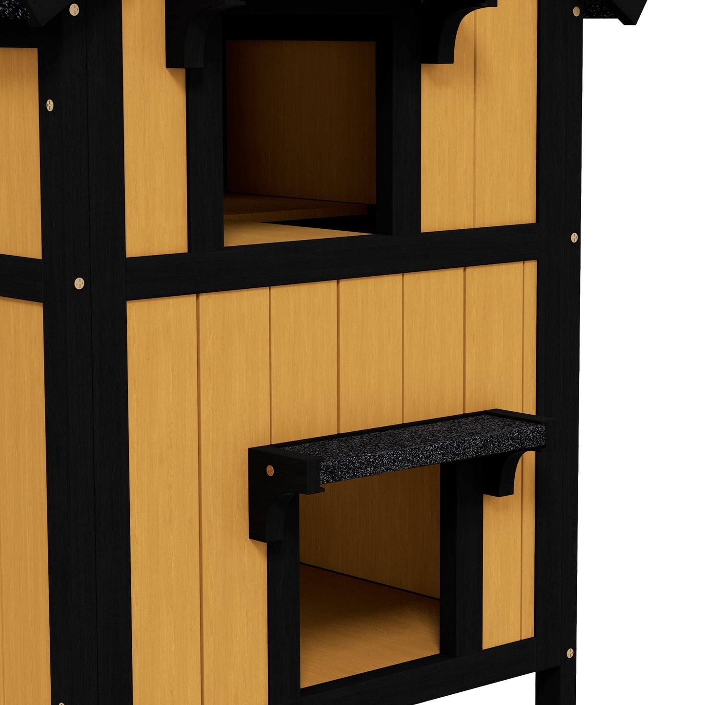 Wooden Outdoor Cat House with Flower Pot, Windows, Multiple Entrances, Water-Resistant Roof - Yellow