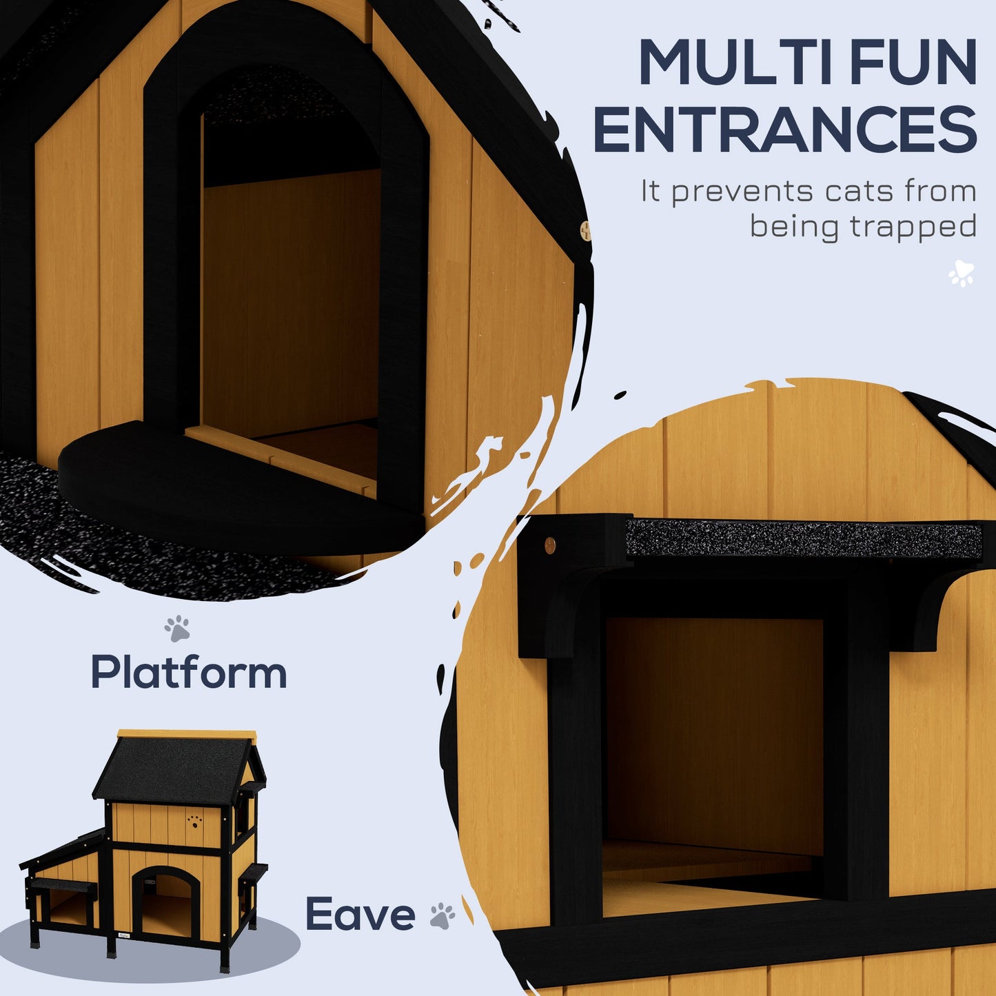 Wooden Outdoor Cat House with Flower Pot, Windows, Multiple Entrances, Water-Resistant Roof - Yellow