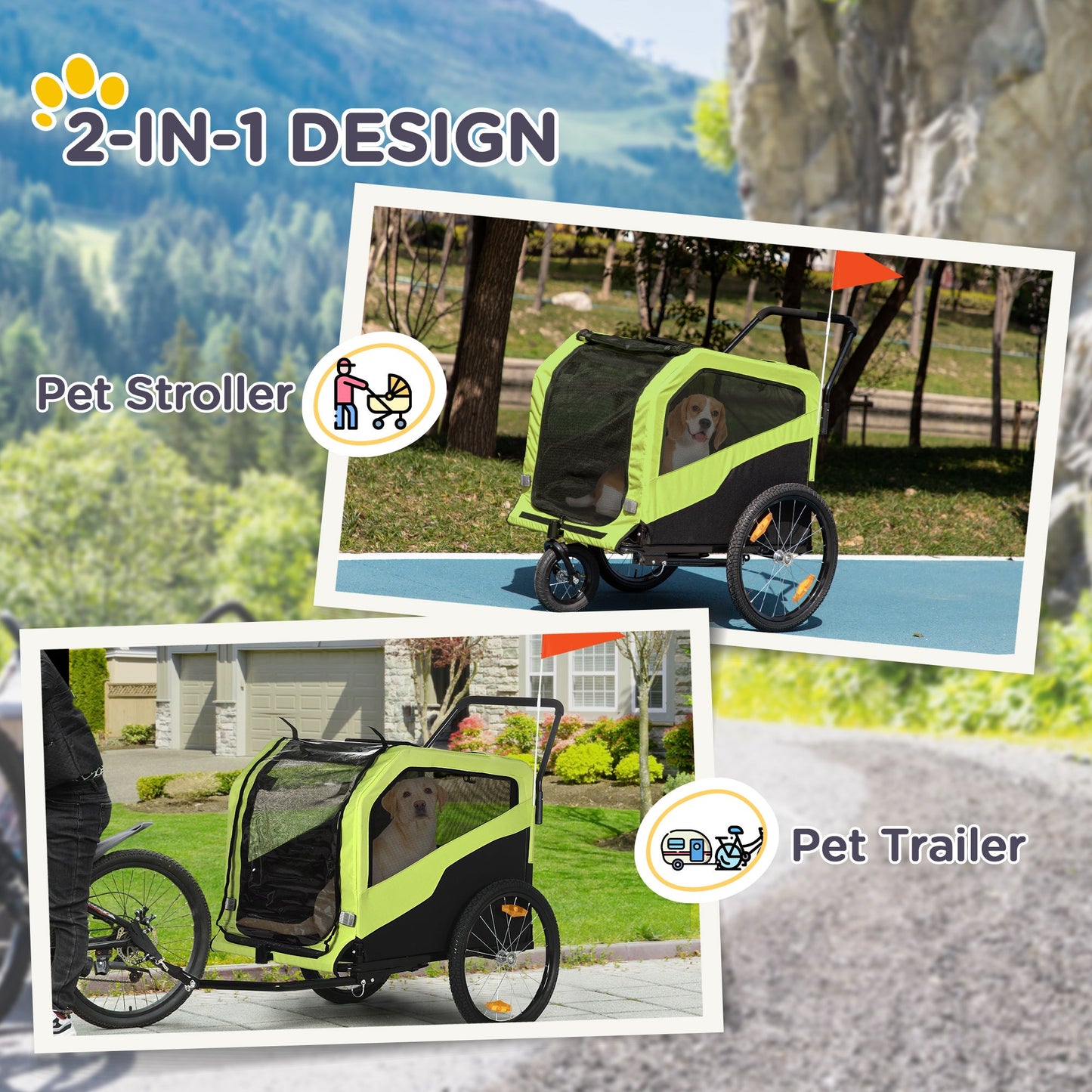 Dog Bike Trailer, 2 in 1 Dog Stroller for Large Dogs with Hitch, Quick-release 20" Wheels, Pet Bicycle Cart Trolley Carrier for Travel, Green