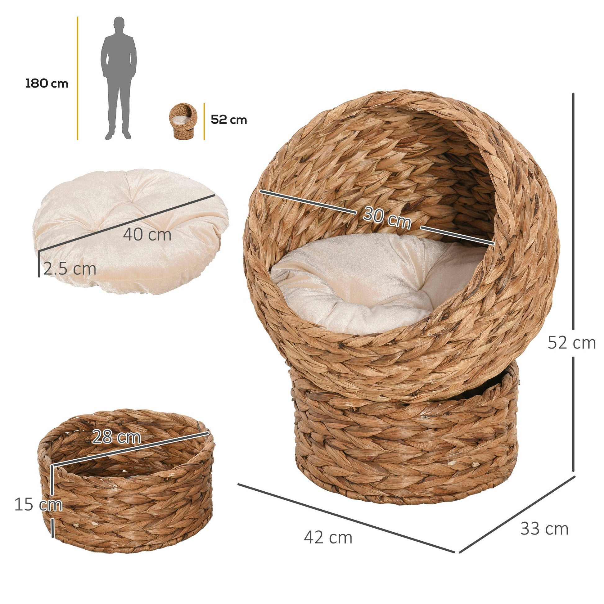 Wicker Cat House, Raised Cat Bed with Cylindrical Base, Soft Washable Cushion, Woven Water Hyacinth Cat Basket for Indoor and Outdoor, 42 x 33 x 52 cm - Brown