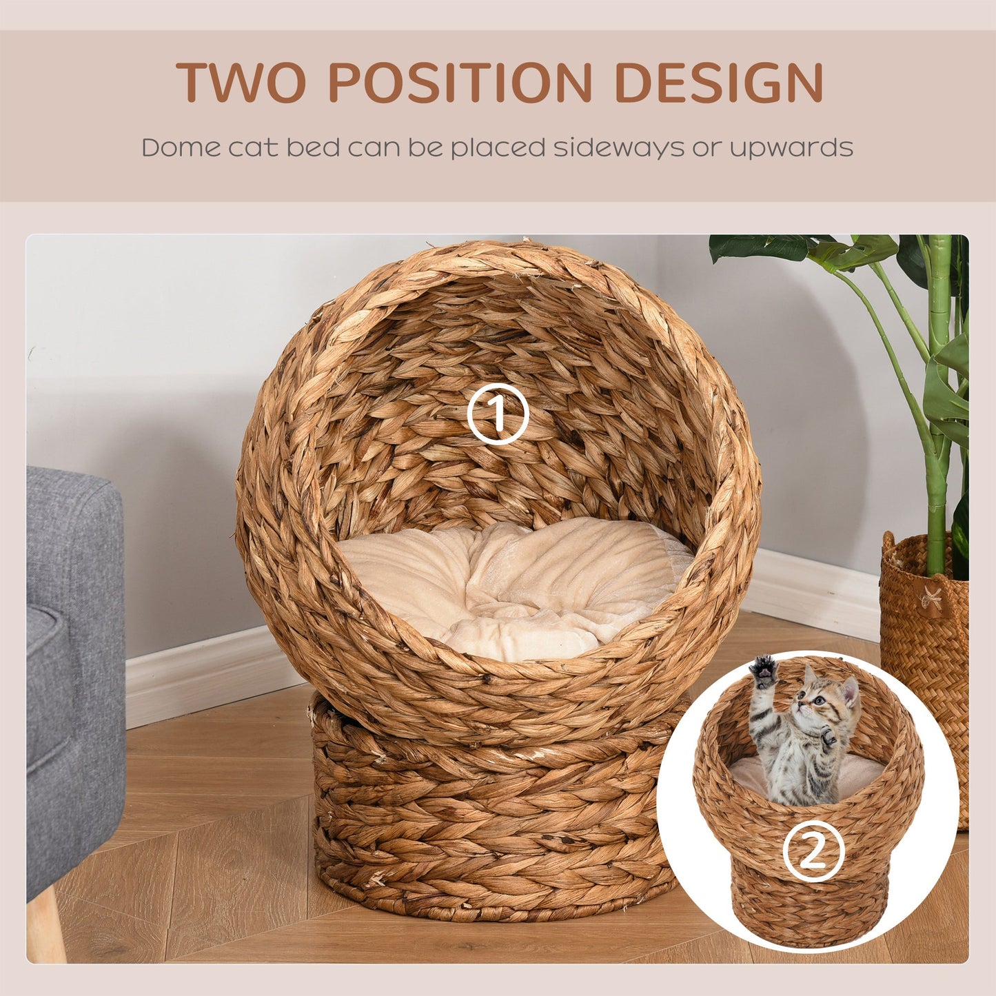 Wicker Cat House, Raised Cat Bed with Cylindrical Base, Soft Washable Cushion, Woven Water Hyacinth Cat Basket for Indoor and Outdoor, 42 x 33 x 52 cm - Brown