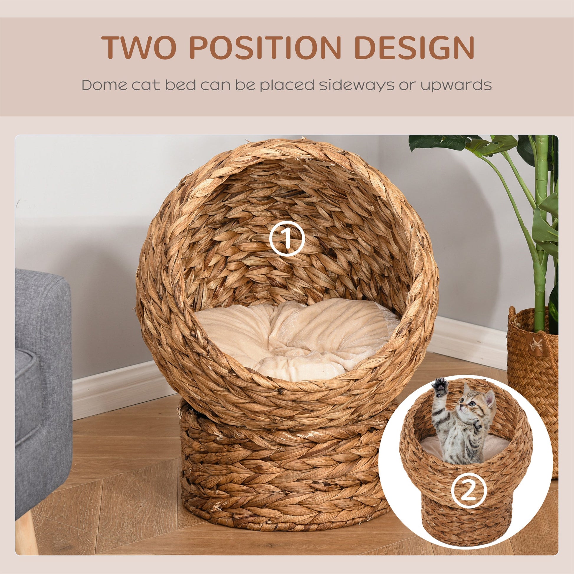 Wicker Cat House, Raised Cat Bed with Cylindrical Base, Soft Washable Cushion, Woven Water Hyacinth Cat Basket for Indoor and Outdoor, 42 x 33 x 52 cm - Brown