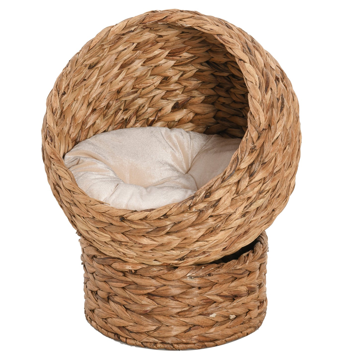 Wicker Cat House, Raised Cat Bed with Cylindrical Base, Soft Washable Cushion, Woven Water Hyacinth Cat Basket for Indoor and Outdoor, 42 x 33 x 52 cm - Brown