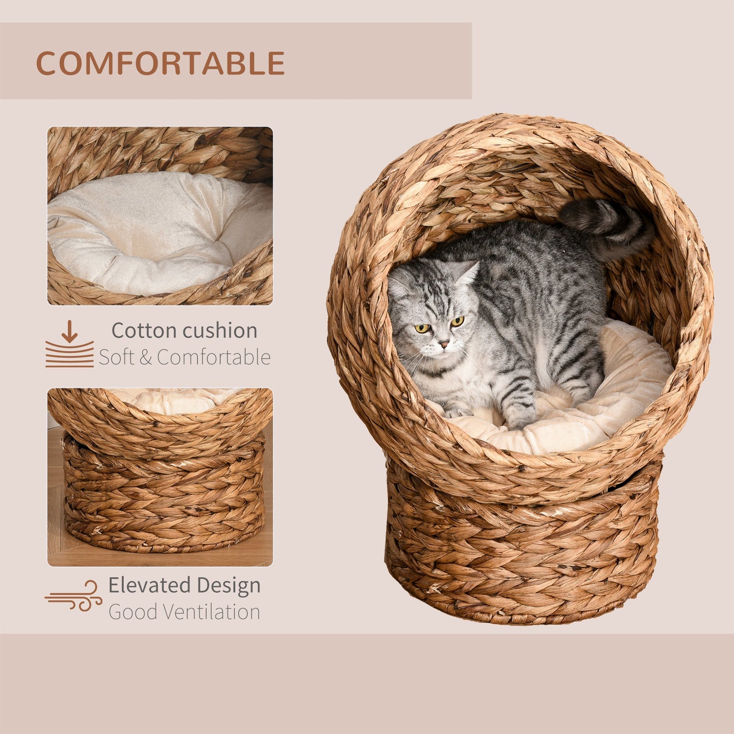 Wicker Cat House, Raised Cat Bed with Cylindrical Base, Soft Washable Cushion, Woven Water Hyacinth Cat Basket for Indoor and Outdoor, 42 x 33 x 52 cm - Brown