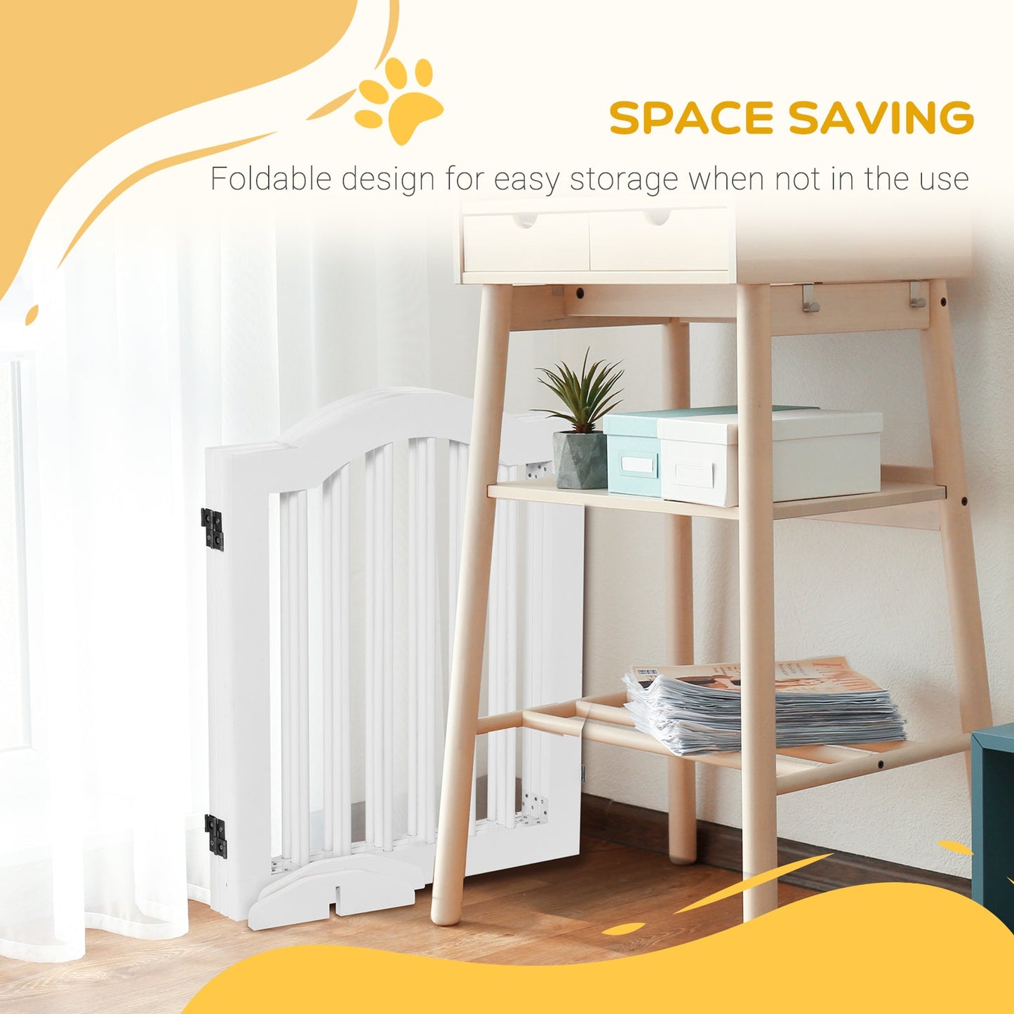 Freestanding Pet Gate Wooden Dog Gate with Support Feet Foldable Pet Fence Safety Barrier for the House Doorway Stairs White