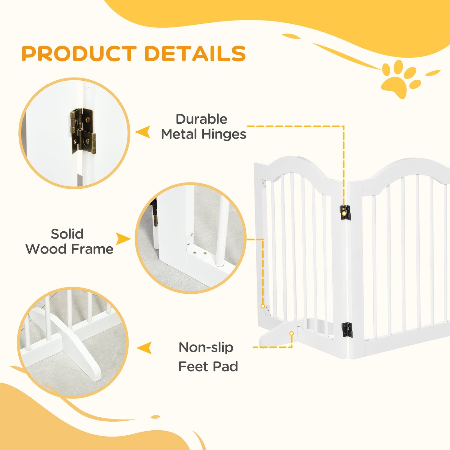 Freestanding Pet Gate Wooden Dog Gate with Support Feet Foldable Pet Fence Safety Barrier for the House Doorway Stairs White