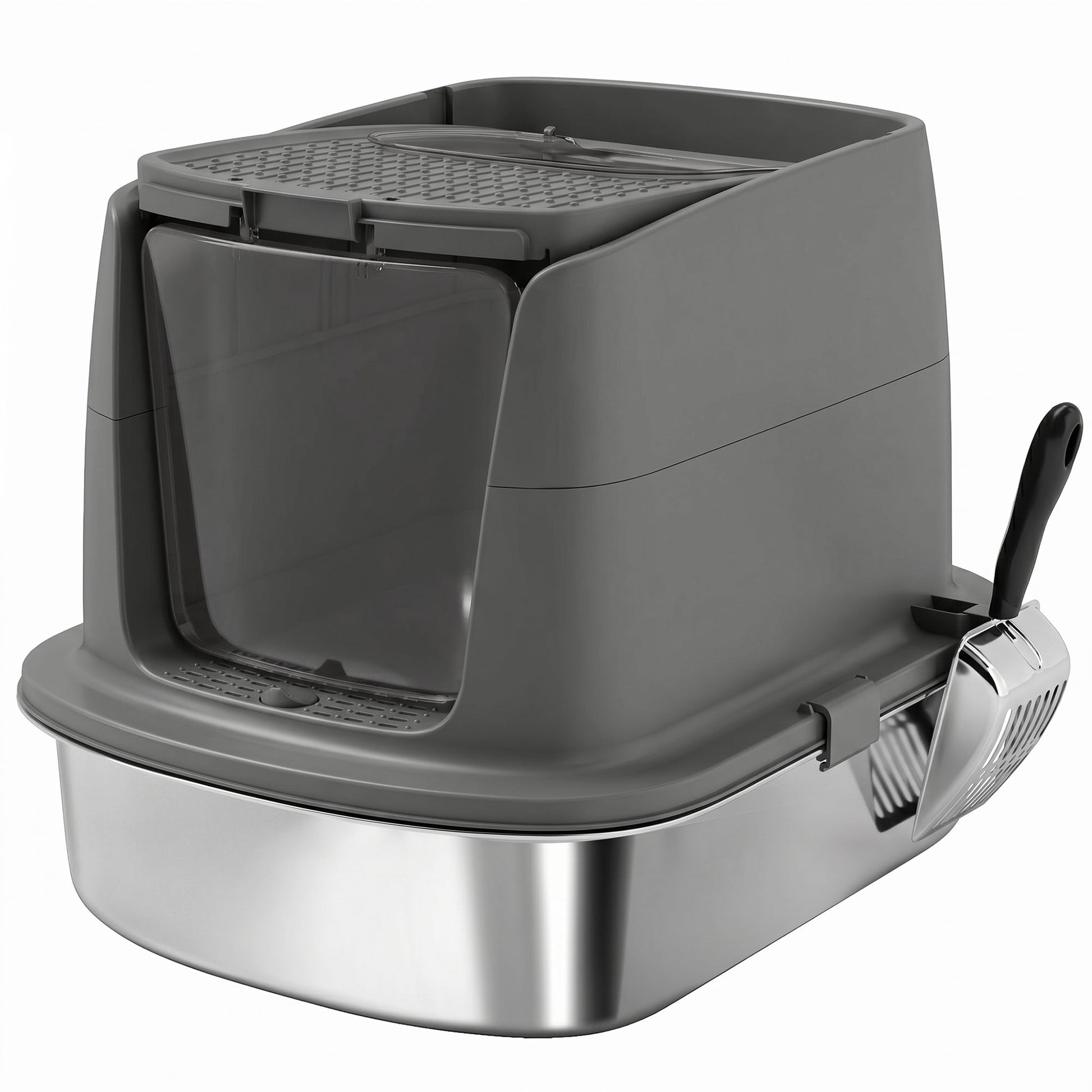 Stainless Steel Litter Box with Lid, Large Hooded Cat Litter Tray with Flip Cover, Metal Scoop, Deodoriser Bag, Non-Sticky, Odour Control and Easy Clean, Dark Grey