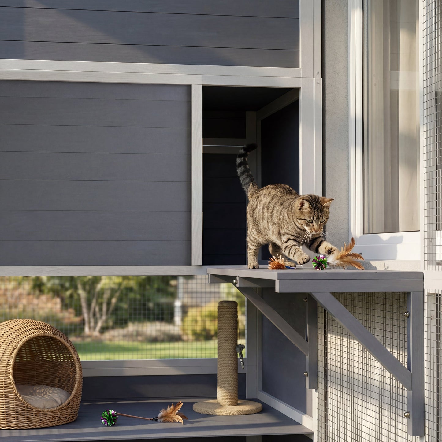 Wooden Catio, 4-Tier Catio Cat Outdoor Enclosure with All-Weather Sun Roof, Spacious Resting Rooms, 3 Platforms, Window for Multiple Cats Outdoor Indoor, Grey
