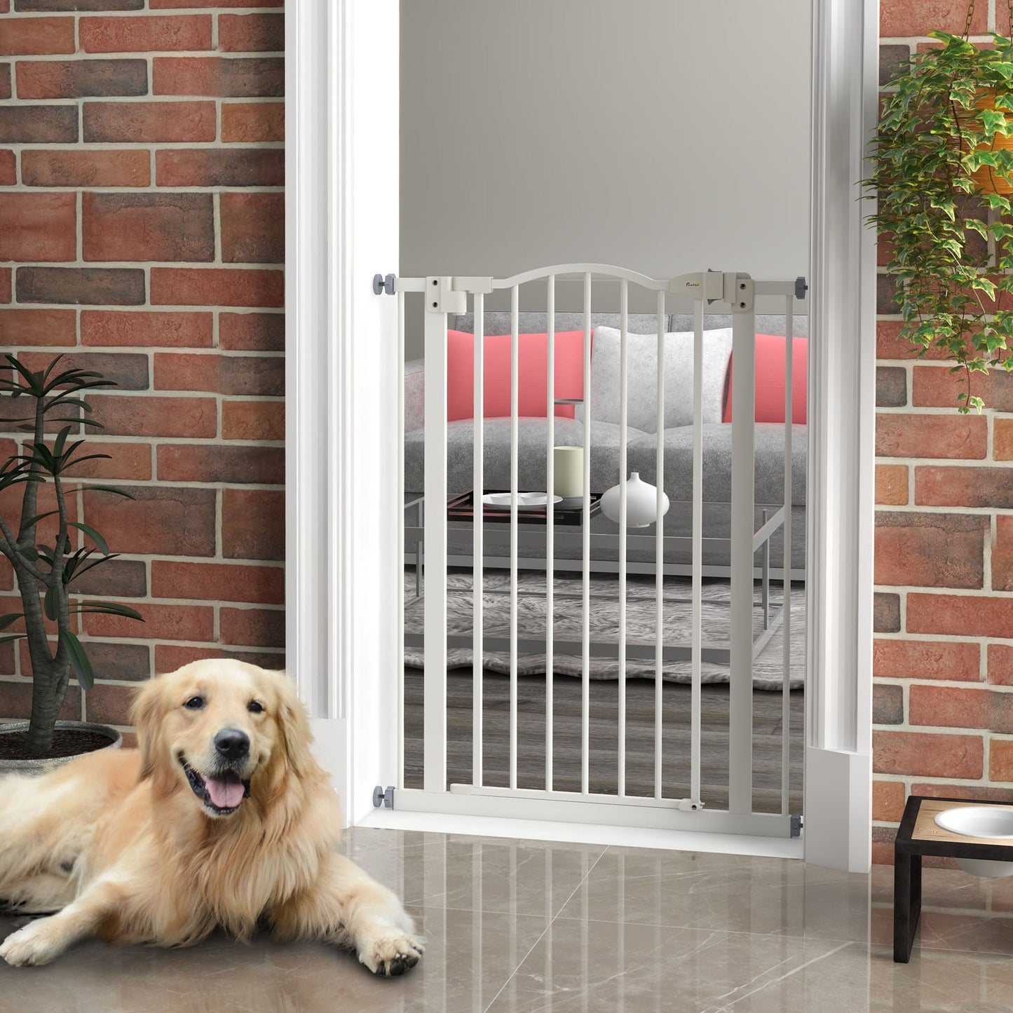 Pressure Fit Dog Stair Gate No Drilling Safety Gate Auto Close for Doorways, Hallways, 74-80cm Adjustable, 94cm Tall, White