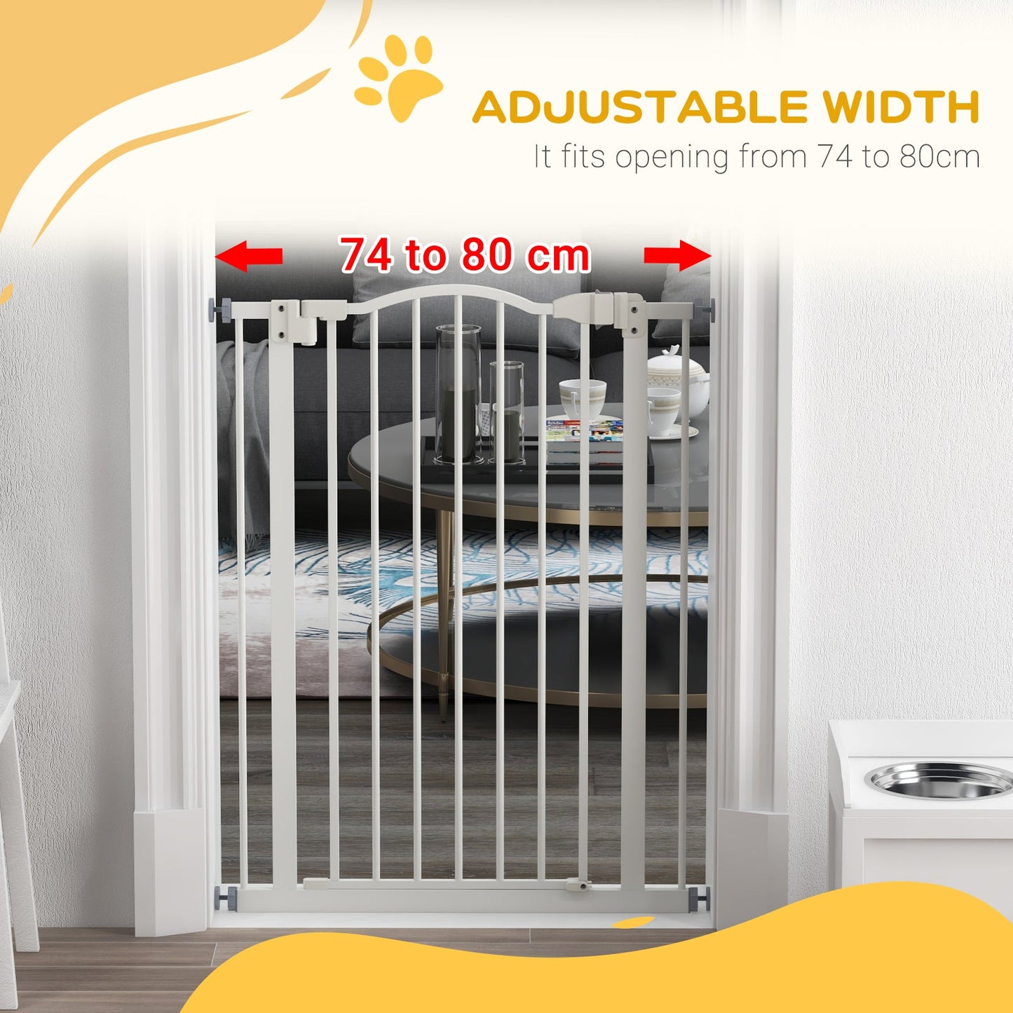 Pressure Fit Dog Stair Gate No Drilling Safety Gate Auto Close for Doorways, Hallways, 74-80cm Adjustable, 94cm Tall, White