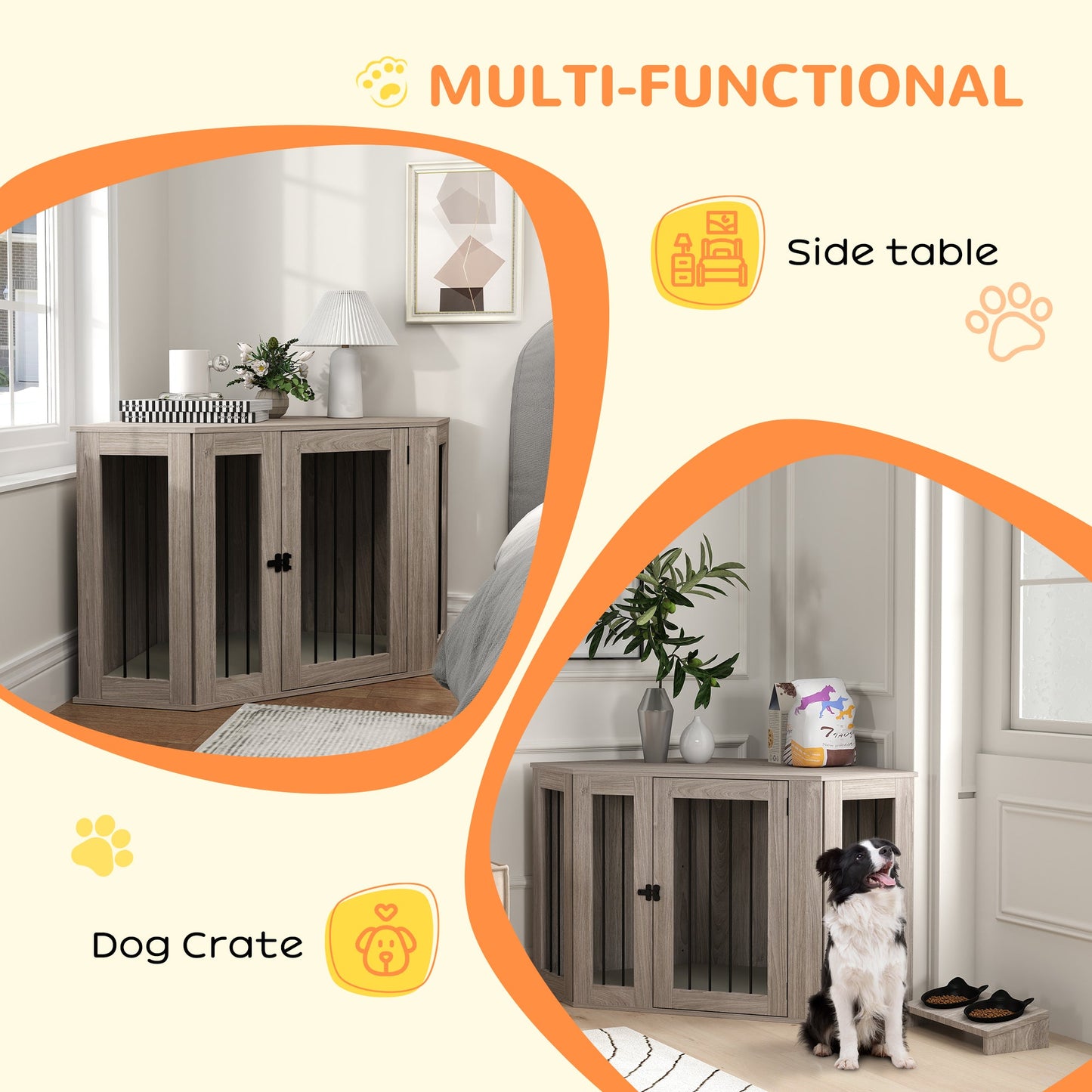 2 in 1 Dog Crate Furniture, Side Table Dog Kennel with Cushion, Large Door, for Large Dogs - Walnut Brown