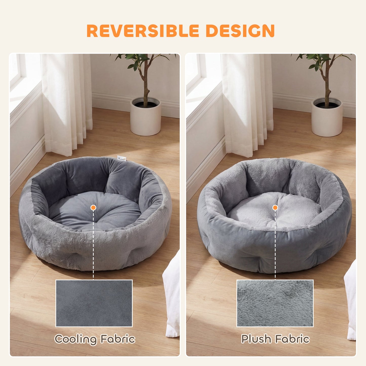 Cat Bed, Reversible Dog Pet Bed for Indoor Cats and Small Dogs, Round Bed with Supportive Bolster, Dark Grey
