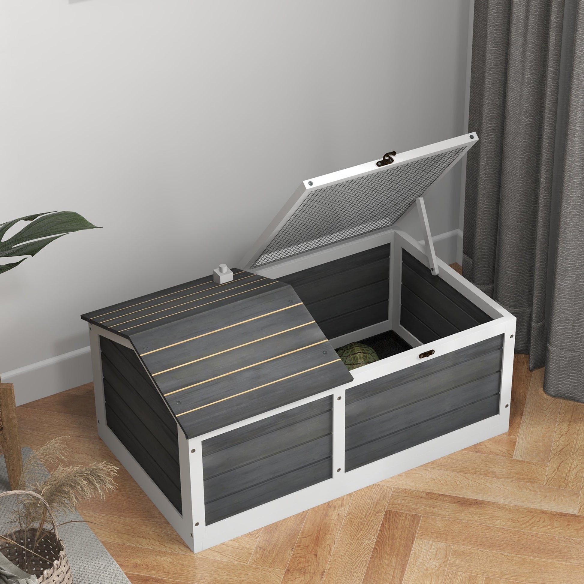 Wooden Tortoise House, Tortoise Table with Hide Shelter Run, Openable Top, Tray, Dark Grey