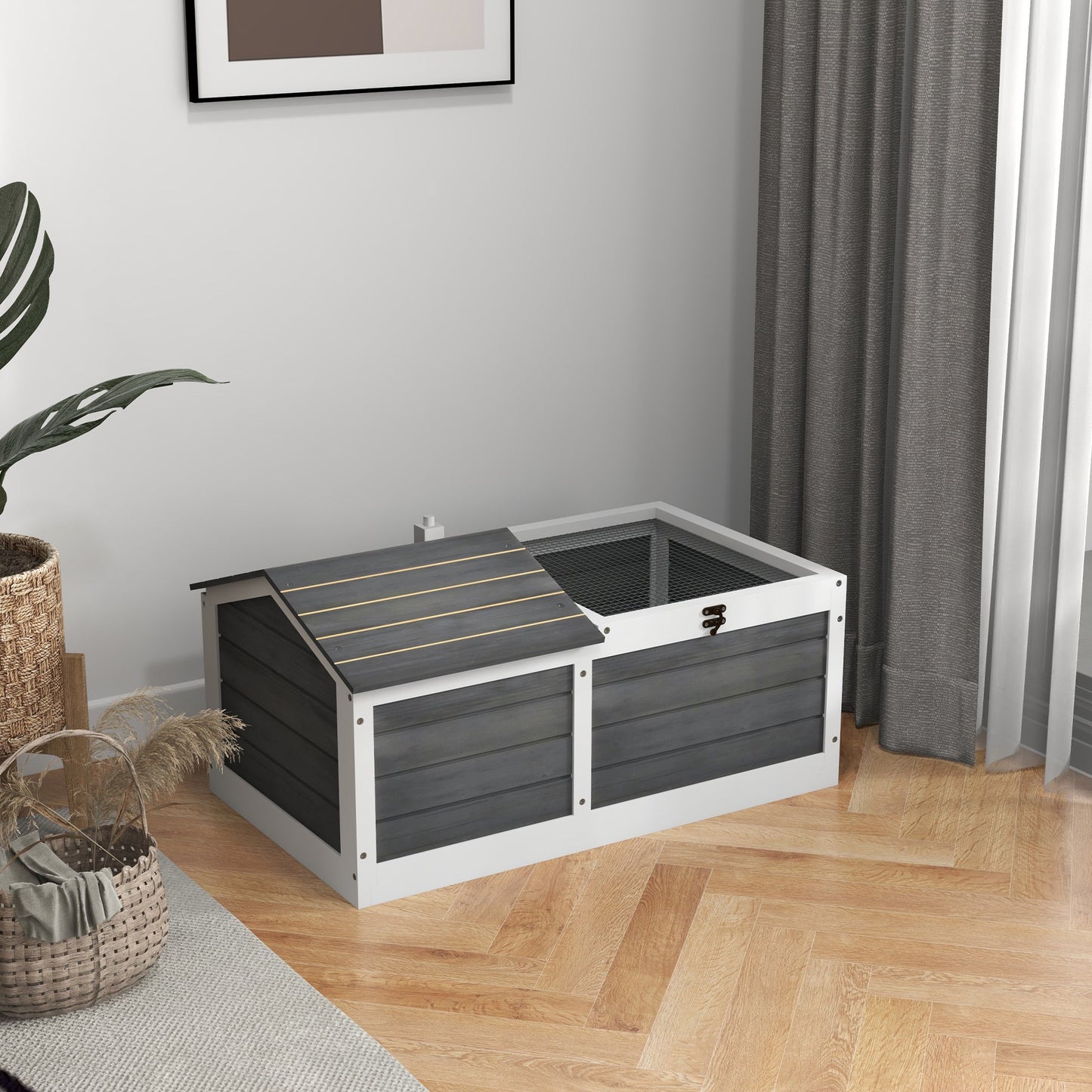 Wooden Tortoise House, Tortoise Table with Hide Shelter Run, Openable Top, Tray, Dark Grey