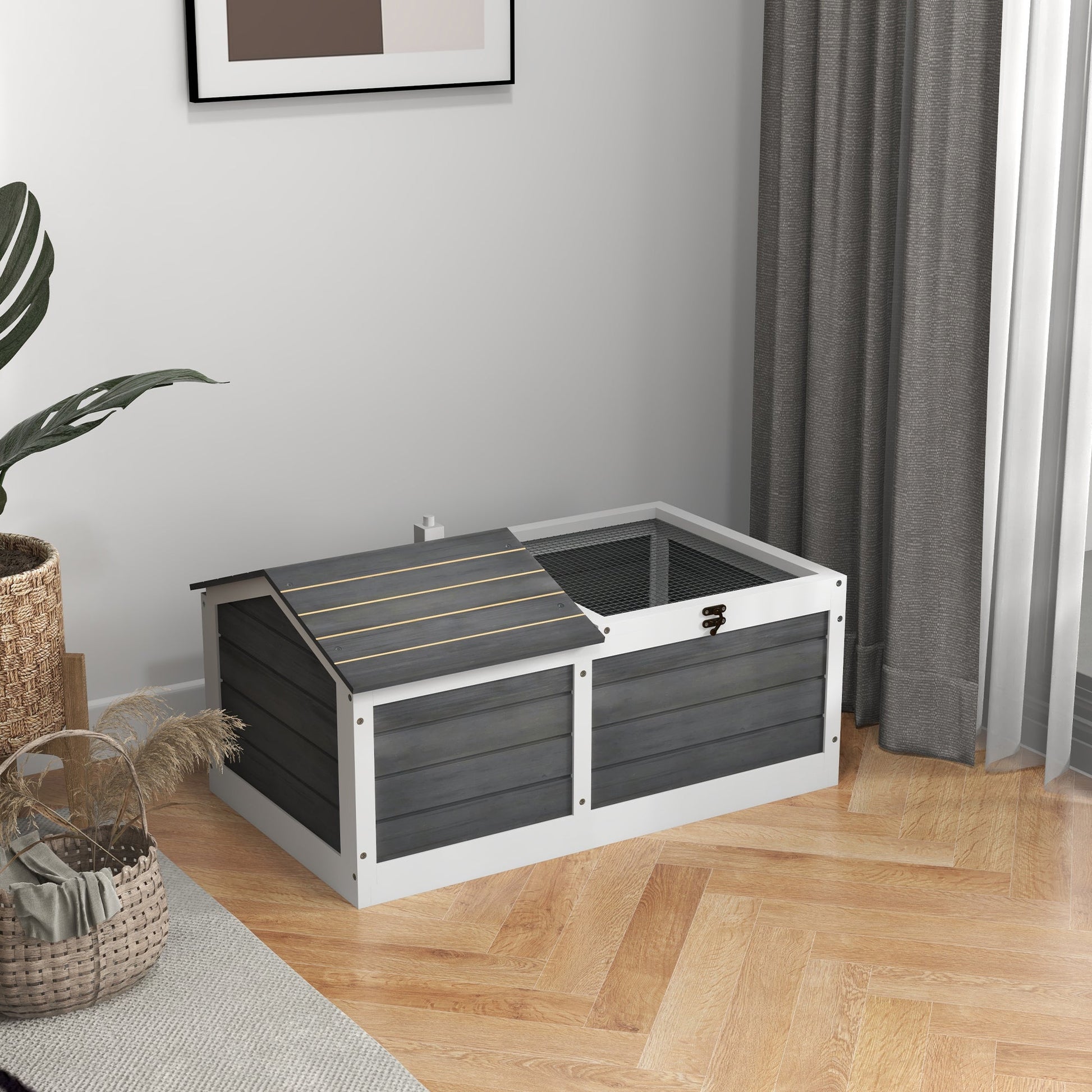 Wooden Tortoise House, Tortoise Table with Hide Shelter Run, Openable Top, Tray, Dark Grey