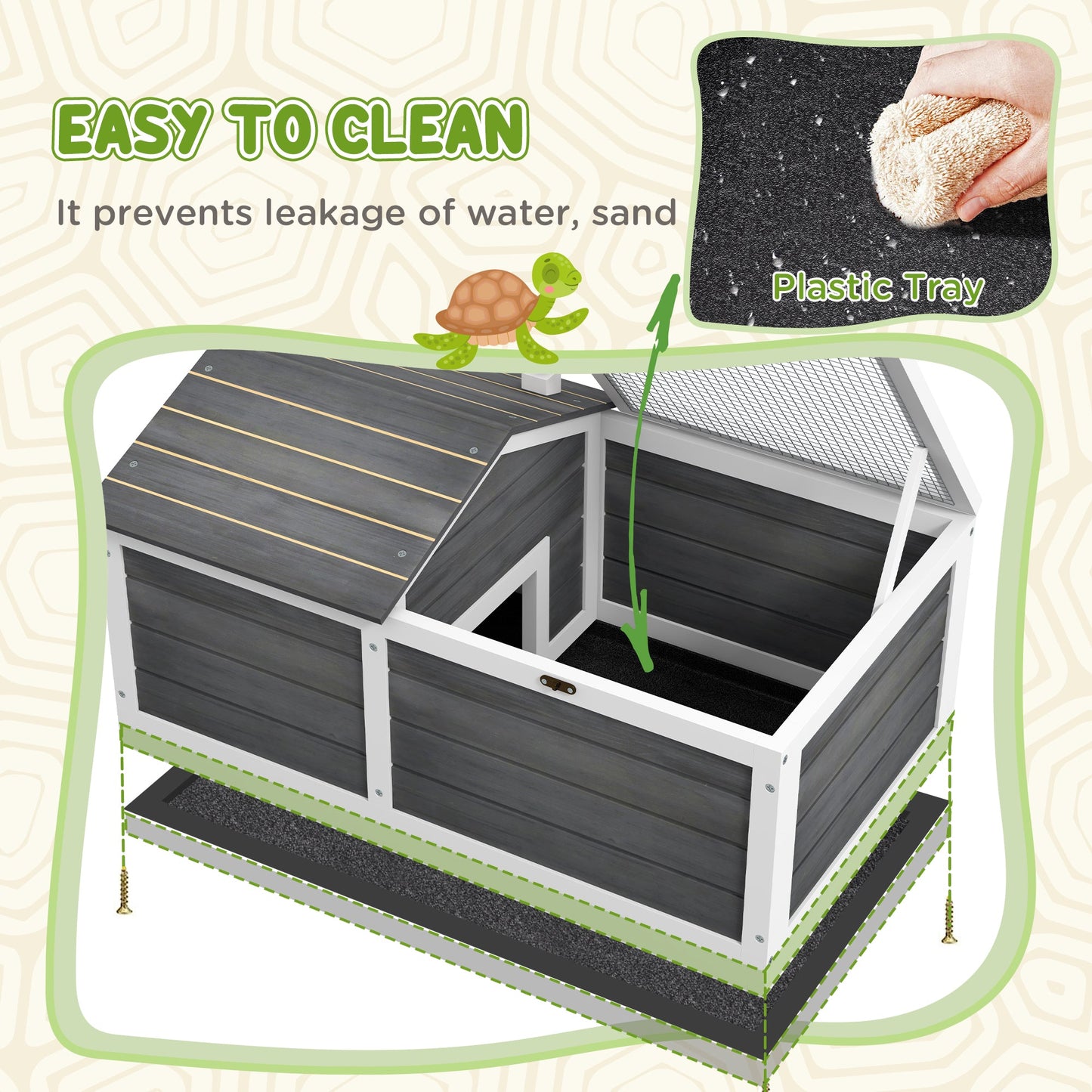 Wooden Tortoise House, Tortoise Table with Hide Shelter Run, Openable Top, Tray, Dark Grey