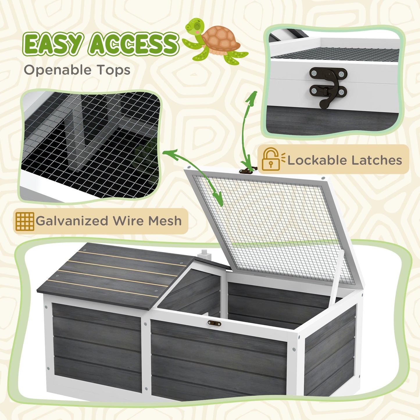 Wooden Tortoise House, Tortoise Table with Hide Shelter Run, Openable Top, Tray, Dark Grey