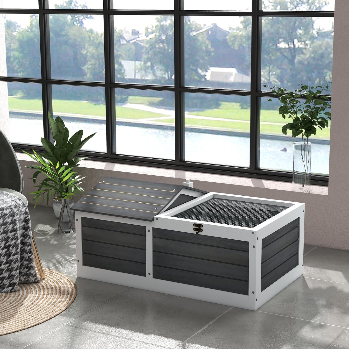 Wooden Tortoise House, Tortoise Table with Hide Shelter Run, Openable Top, Tray, Dark Grey