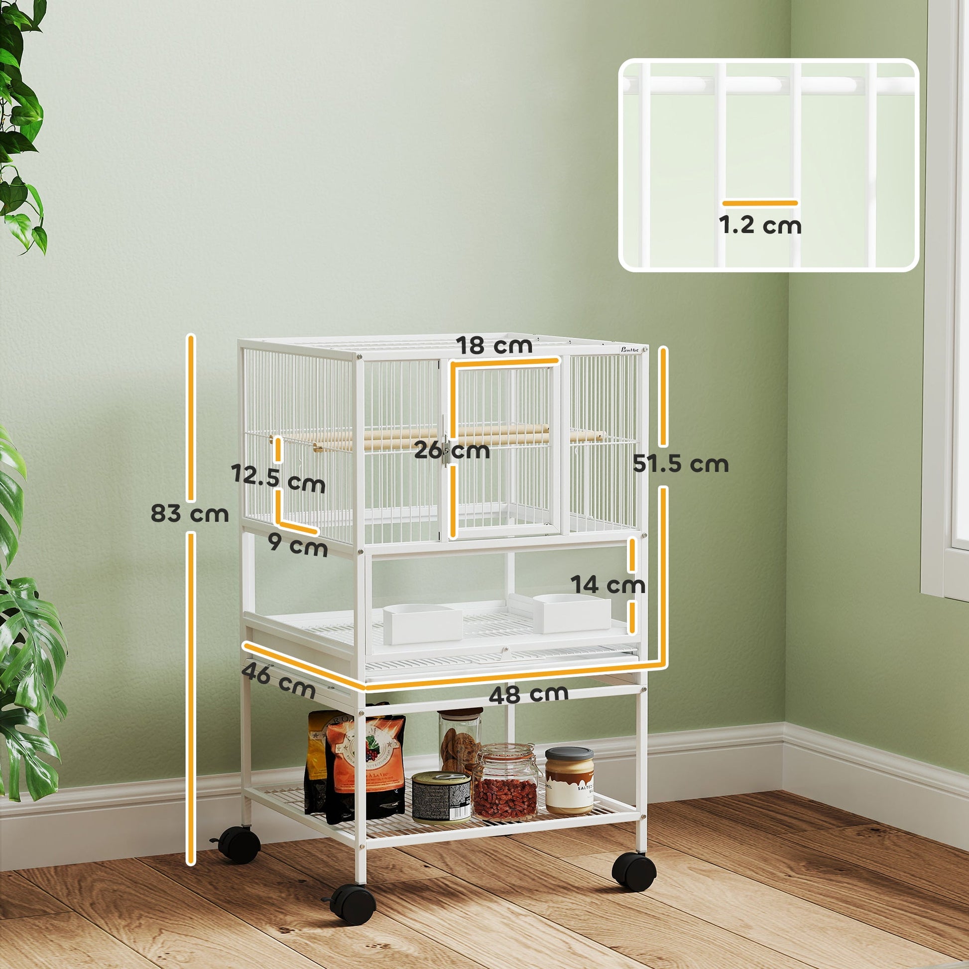 Bird Cage, Metal Parrot Cage with Rolling Stand Wheels, Acrylic Viewing Panels, Storage Shelf, Slide-out Tray, Perches, Feeders, for Budgie, Parakeet, Canary, Finch, White, 48 x 46 x 83 cm