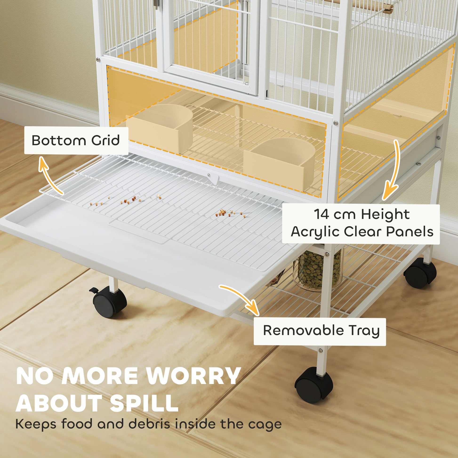 Bird Cage, Metal Parrot Cage with Rolling Stand Wheels, Acrylic Viewing Panels, Storage Shelf, Slide-out Tray, Perches, Feeders, for Budgie, Parakeet, Canary, Finch, White, 48 x 46 x 83 cm