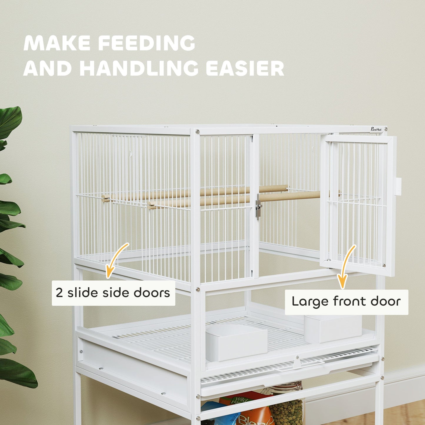 Bird Cage, Metal Parrot Cage with Rolling Stand Wheels, Acrylic Viewing Panels, Storage Shelf, Slide-out Tray, Perches, Feeders, for Budgie, Parakeet, Canary, Finch, White, 48 x 46 x 83 cm