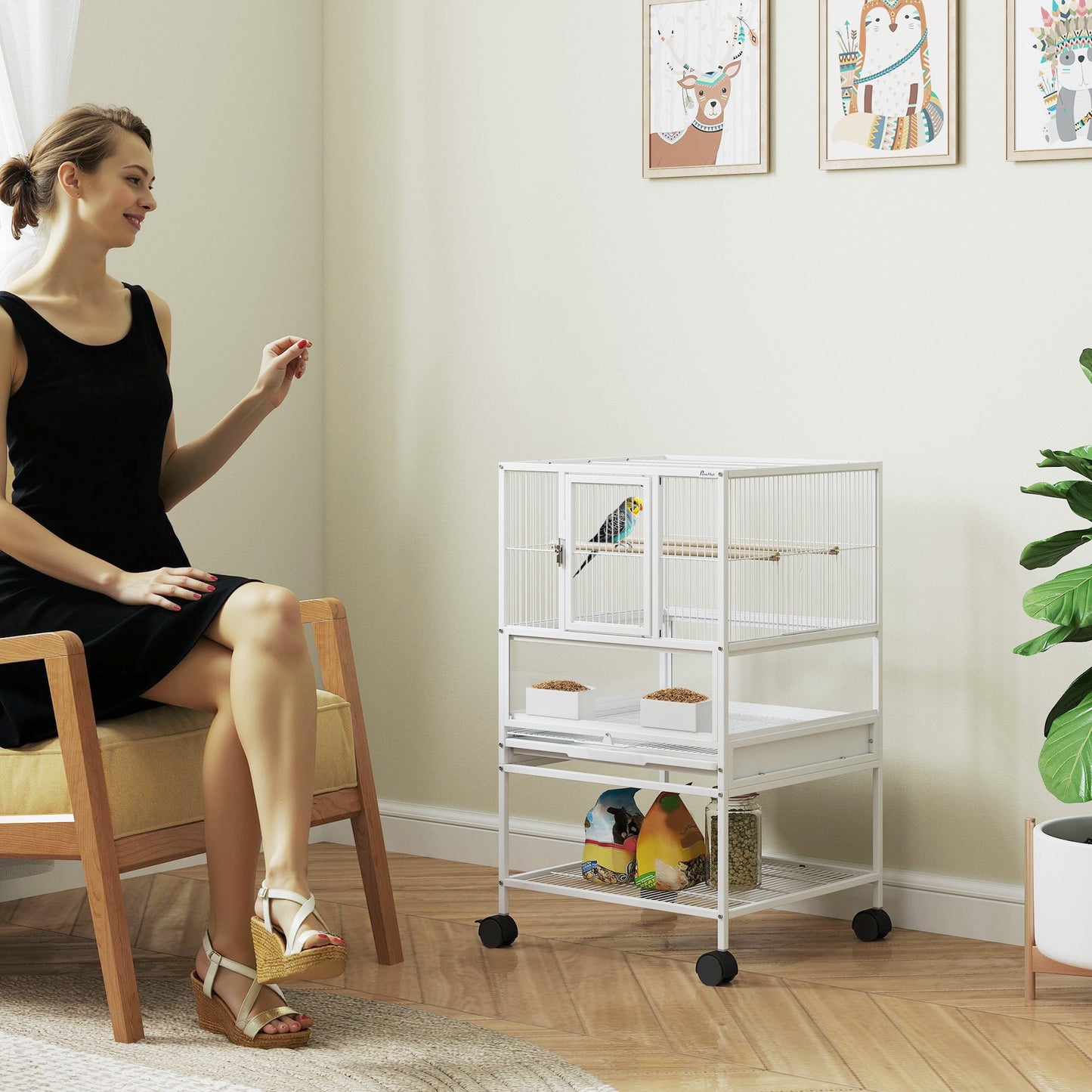 Bird Cage, Metal Parrot Cage with Rolling Stand Wheels, Acrylic Viewing Panels, Storage Shelf, Slide-out Tray, Perches, Feeders, for Budgie, Parakeet, Canary, Finch, White, 48 x 46 x 83 cm