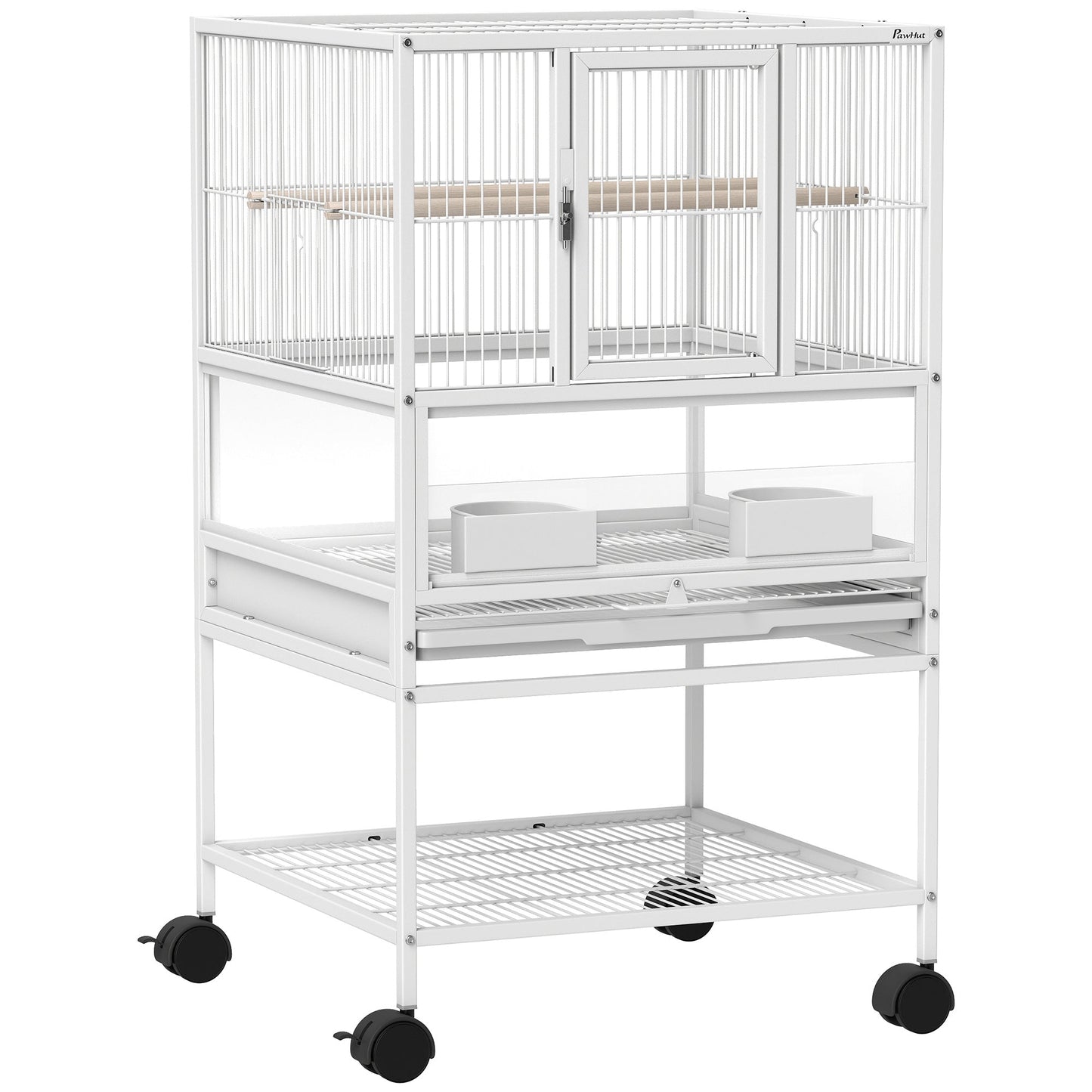 Bird Cage, Metal Parrot Cage with Rolling Stand Wheels, Acrylic Viewing Panels, Storage Shelf, Slide-out Tray, Perches, Feeders, for Budgie, Parakeet, Canary, Finch, White, 48 x 46 x 83 cm
