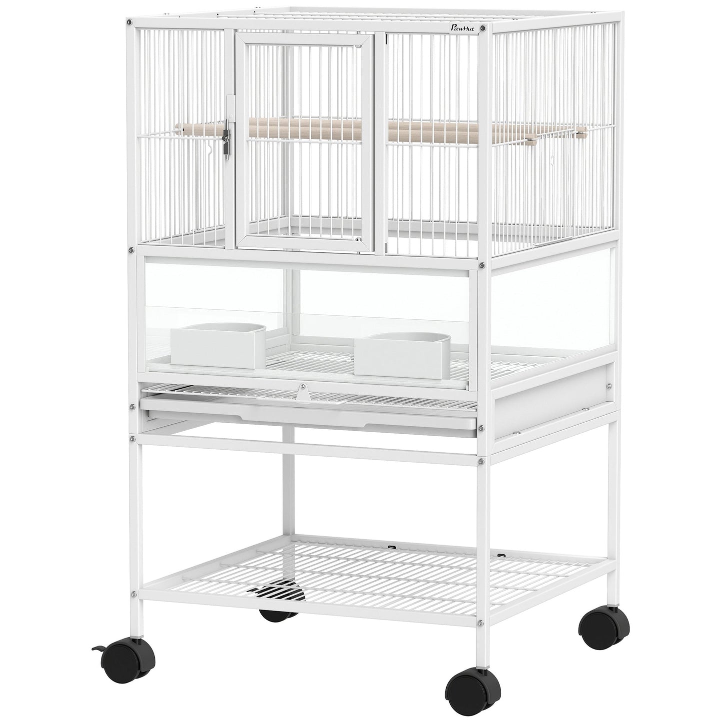 Bird Cage, Metal Parrot Cage with Rolling Stand Wheels, Acrylic Viewing Panels, Storage Shelf, Slide-out Tray, Perches, Feeders, for Budgie, Parakeet, Canary, Finch, White, 48 x 46 x 83 cm