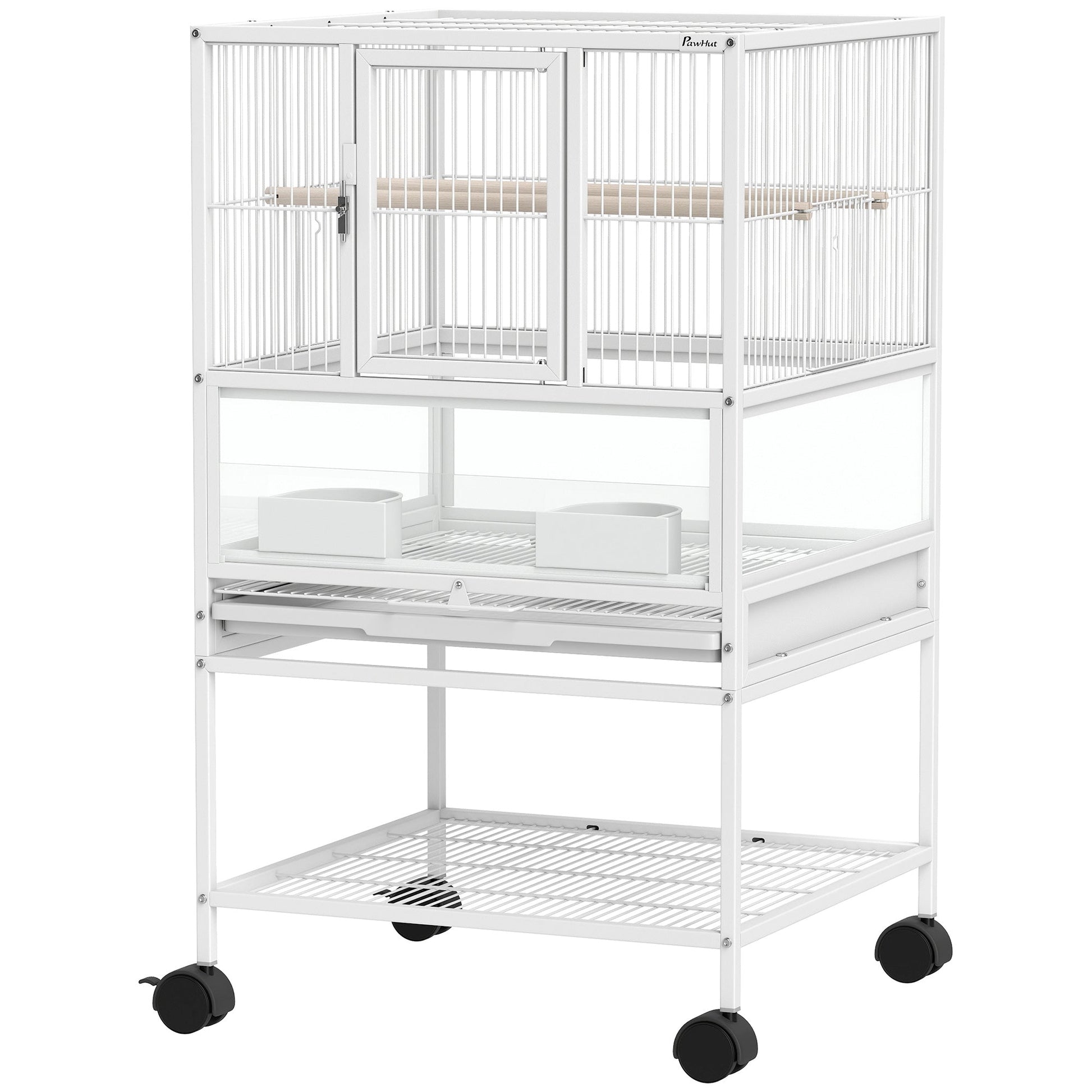 Bird Cage, Metal Parrot Cage with Rolling Stand Wheels, Acrylic Viewing Panels, Storage Shelf, Slide-out Tray, Perches, Feeders, for Budgie, Parakeet, Canary, Finch, White, 48 x 46 x 83 cm