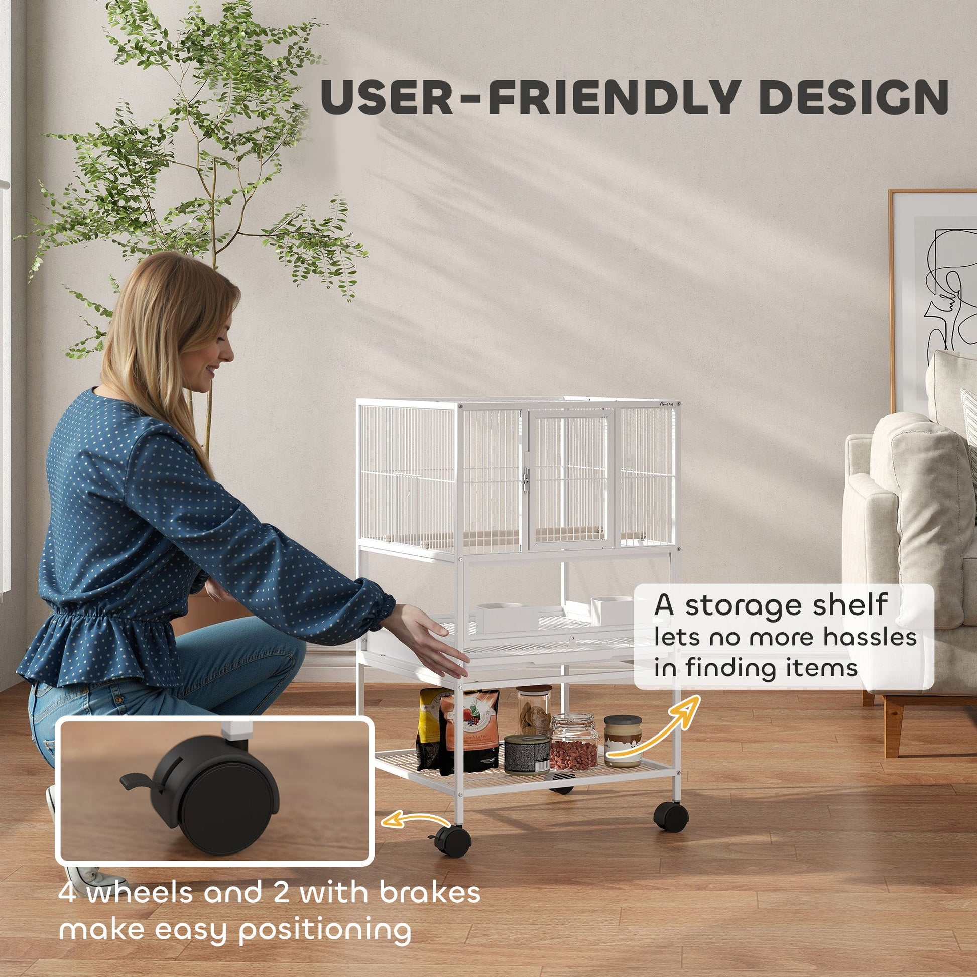 Bird Cage, Metal Parrot Cage with Rolling Stand Wheels, Acrylic Viewing Panels, Storage Shelf, Slide-out Tray, Perches, Feeders, for Budgie, Parakeet, Canary, Finch, White, 48 x 46 x 83 cm