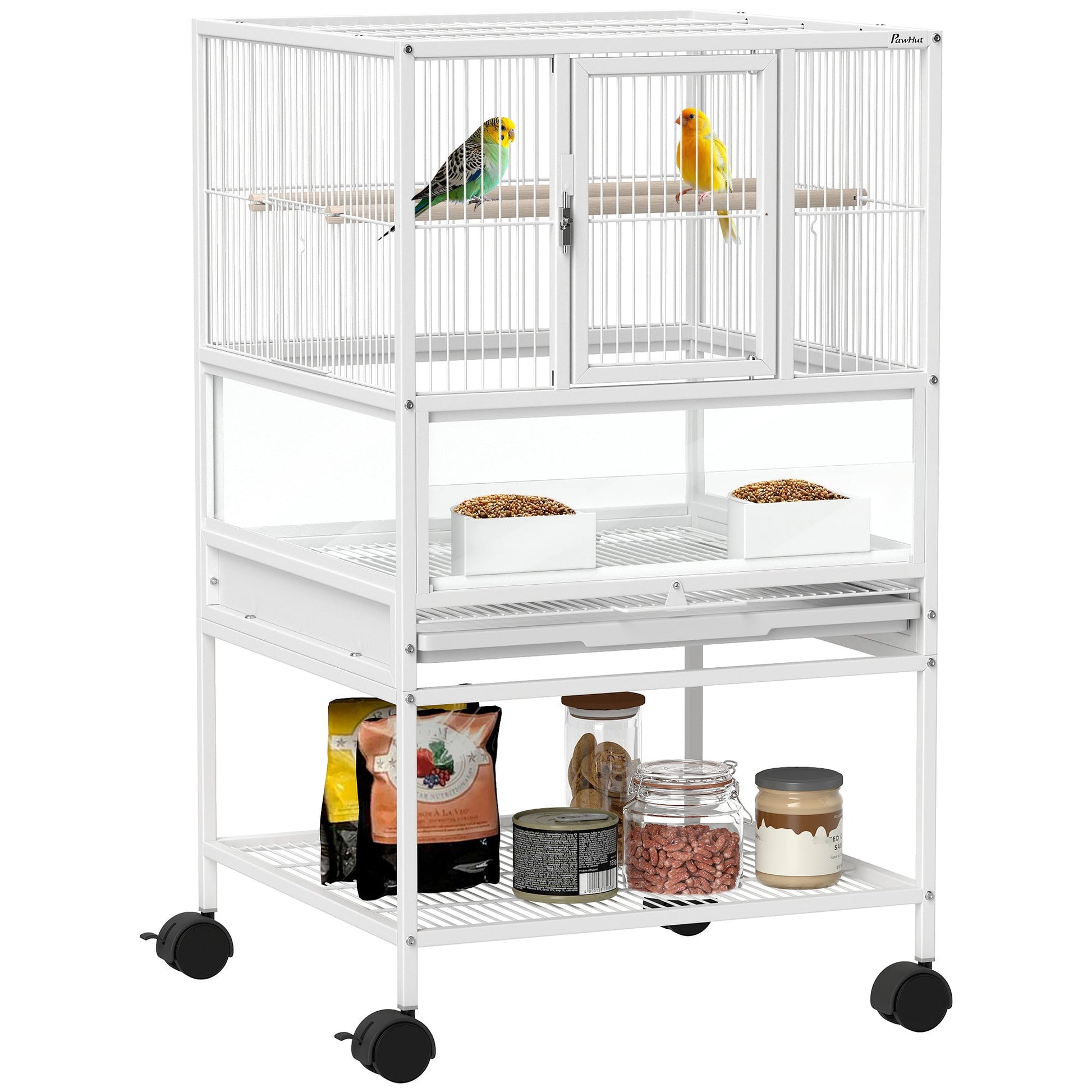 Bird Cage, Metal Parrot Cage with Rolling Stand Wheels, Acrylic Viewing Panels, Storage Shelf, Slide-out Tray, Perches, Feeders, for Budgie, Parakeet, Canary, Finch, White, 48 x 46 x 83 cm