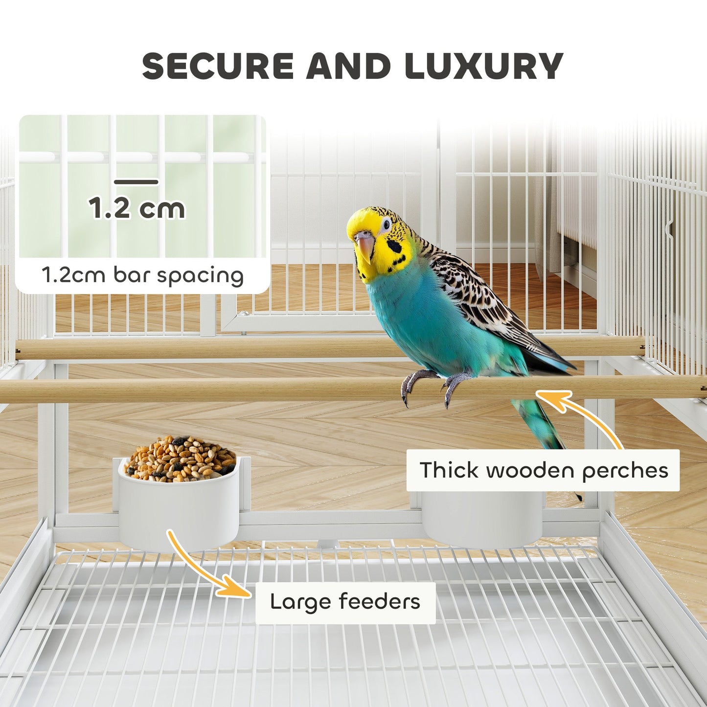 Bird Cage, Metal Parrot Cage with Rolling Stand Wheels, Acrylic Viewing Panels, Storage Shelf, Slide-out Tray, Perches, Feeders, for Budgie, Parakeet, Canary, Finch, White, 48 x 46 x 83 cm
