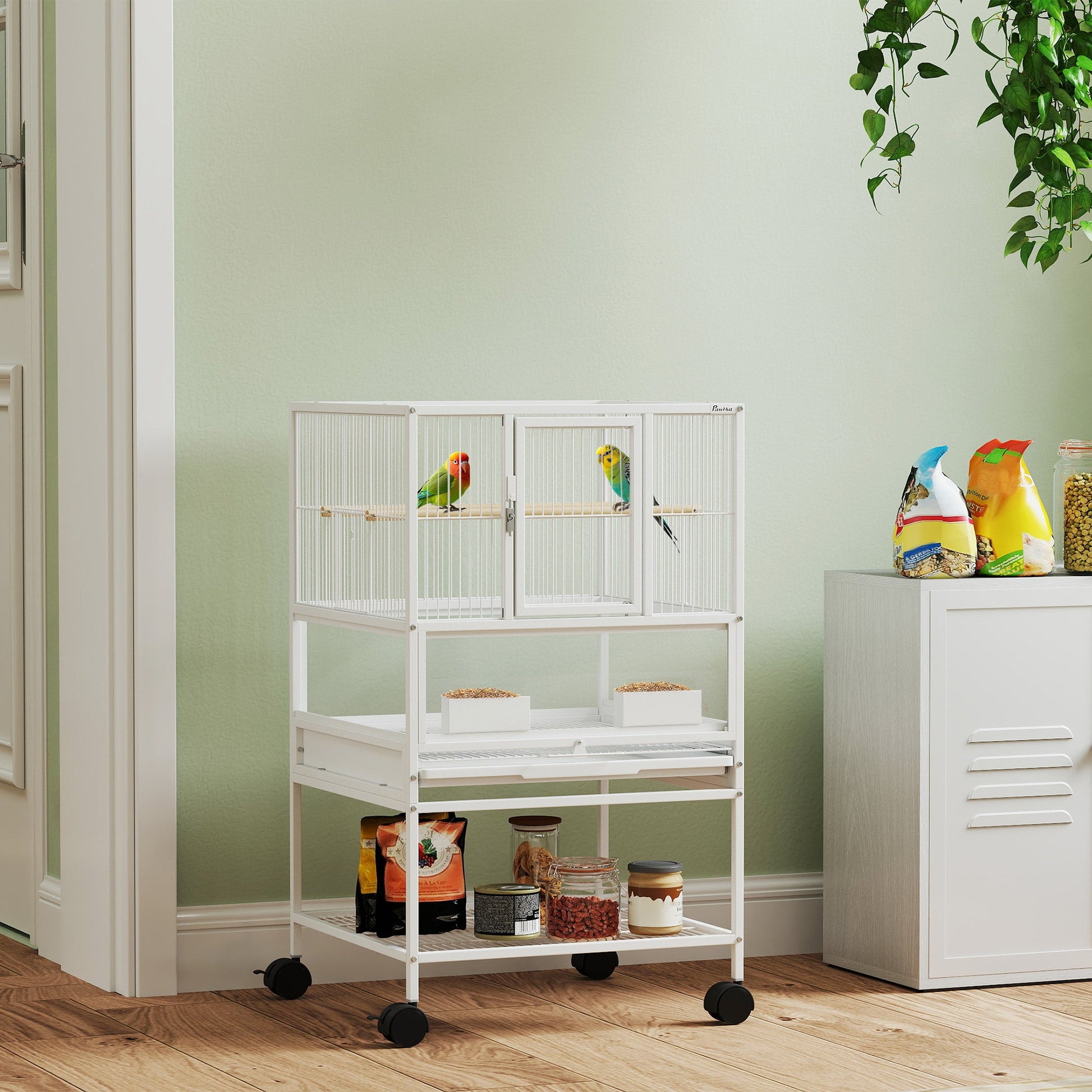 Bird Cage, Metal Parrot Cage with Rolling Stand Wheels, Acrylic Viewing Panels, Storage Shelf, Slide-out Tray, Perches, Feeders, for Budgie, Parakeet, Canary, Finch, White, 48 x 46 x 83 cm