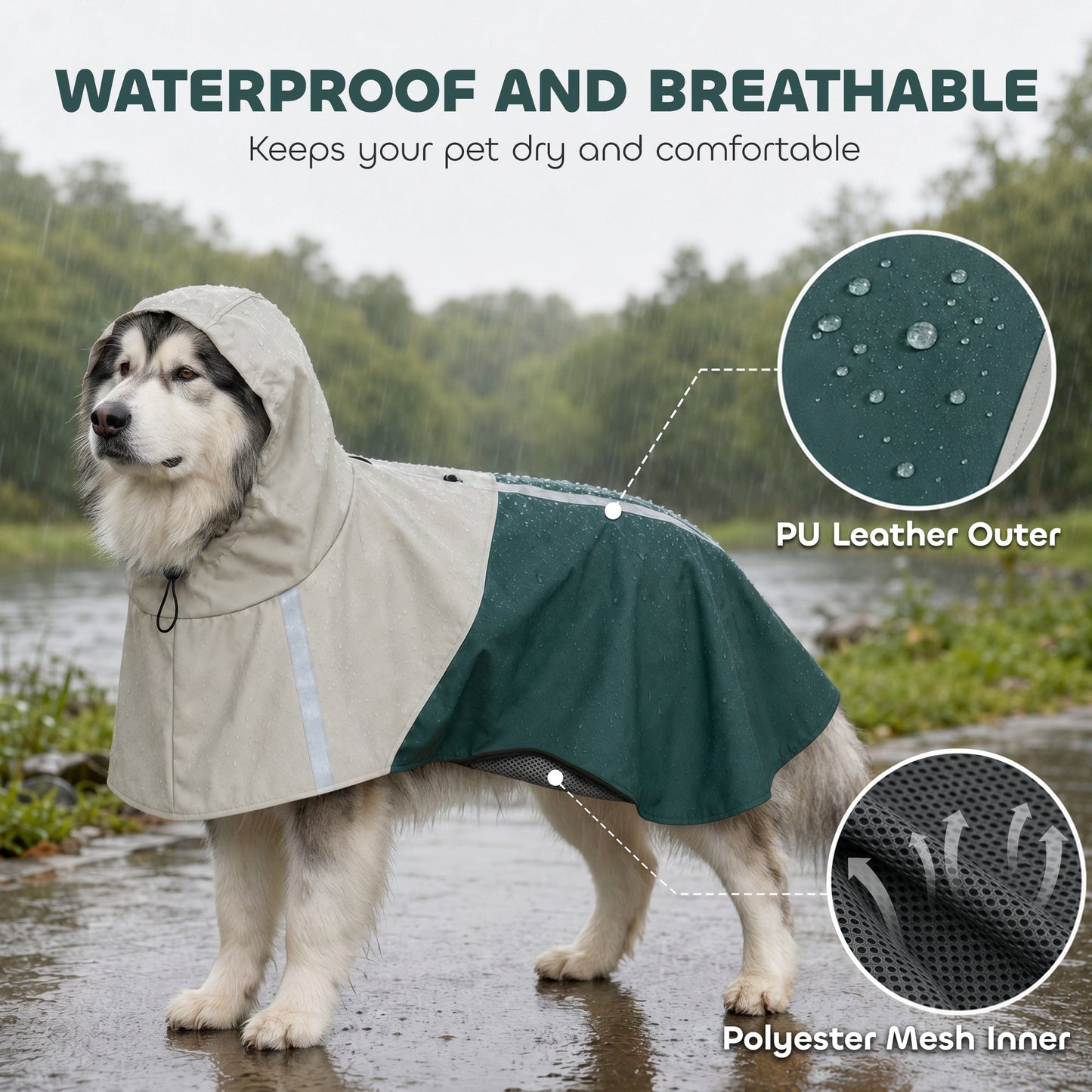 Dog Raincoat with Hood, Waterproof & Breathable Rain Jacket with Reflective Strips and Leash Hole, Adjustable Poncho for Extra Large Dogs, 30-40 KG Available, Green, XL
