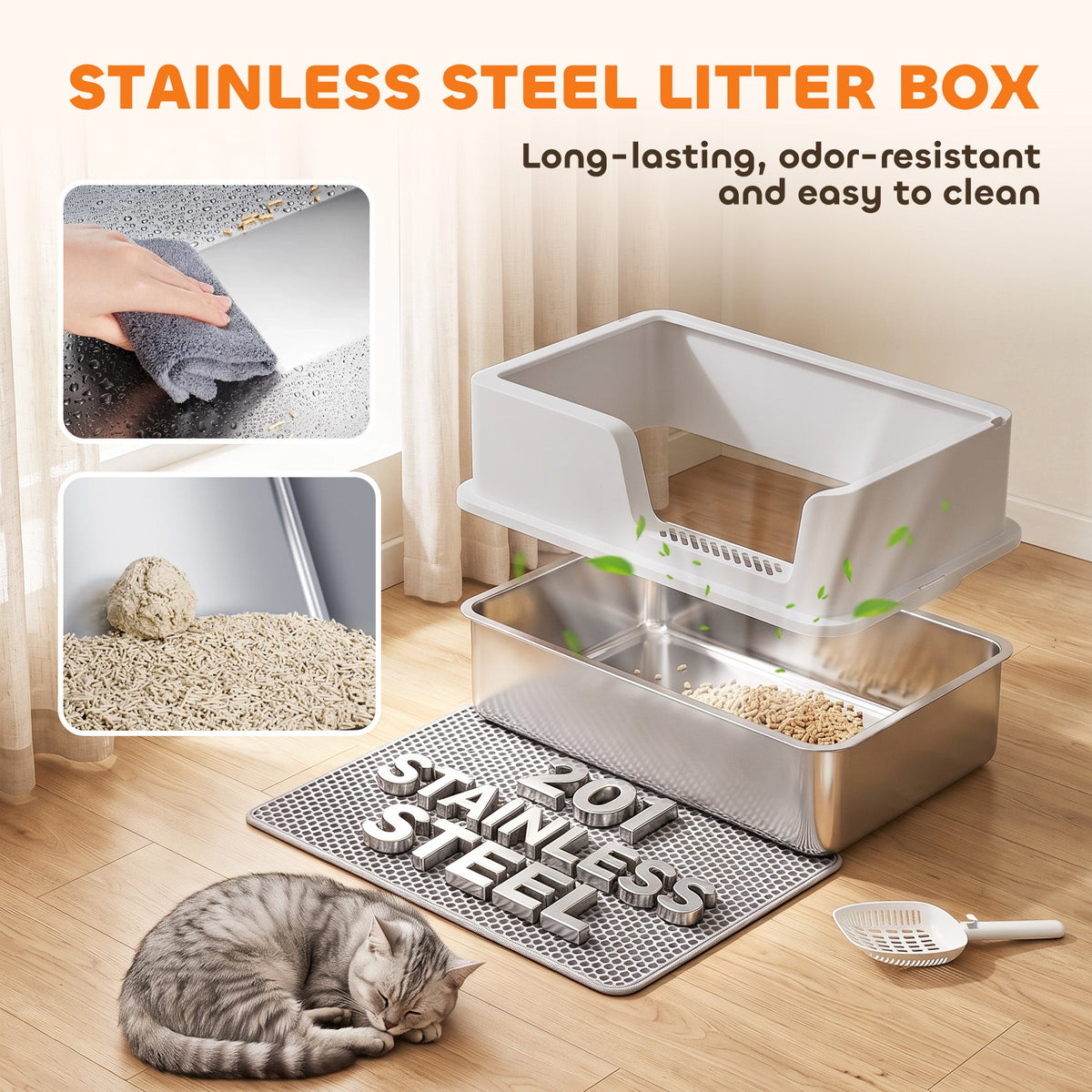 XL Stainless Steel Cat Litter Tray with Lid, High Sided Cat Litter Box with Scoop and Mat for Kittens up to 8 kg, Anti-Spillage, Odor Resistant and Easy to Clean, Light Grey