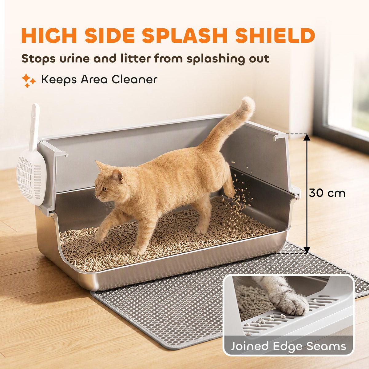 XL Stainless Steel Cat Litter Tray with Lid, High Sided Cat Litter Box with Scoop and Mat for Kittens up to 8 kg, Anti-Spillage, Odor Resistant and Easy to Clean, Light Grey