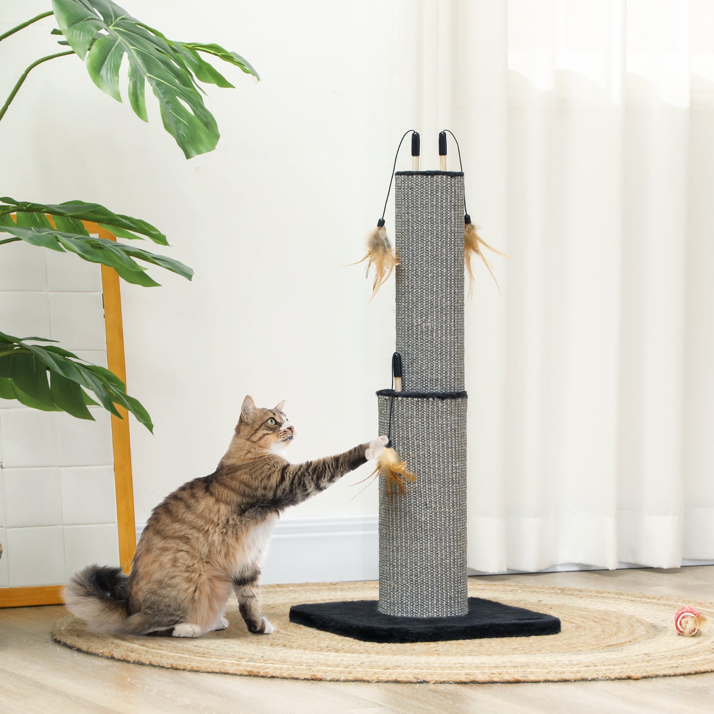 2 in 1 Cat Scratching Post, 78cm Tall Cat Scratch Post with 3 Toy Feathers, Cat Scratcher Post for Indoor Cats and Kittens, Black