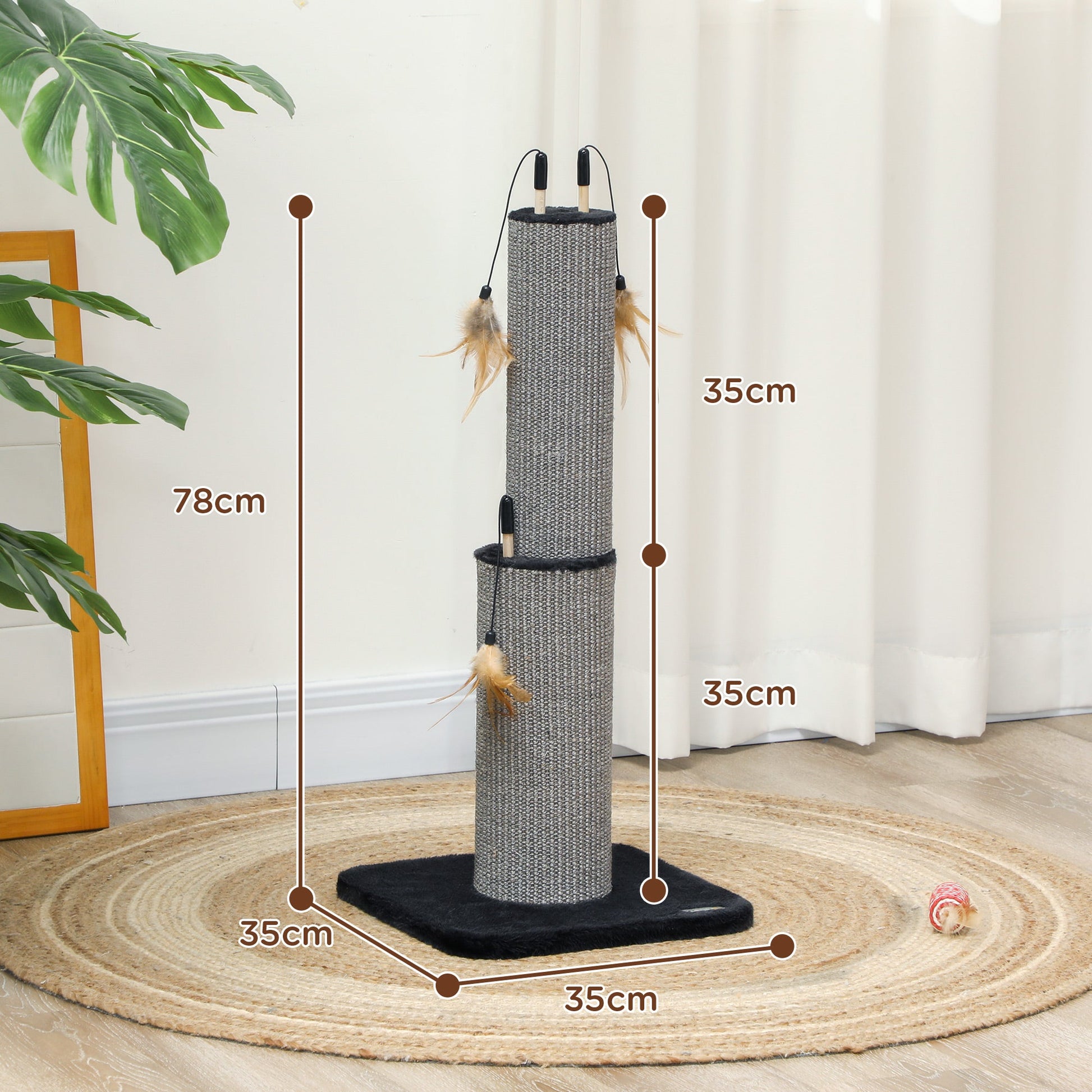2 in 1 Cat Scratching Post, 78cm Tall Cat Scratch Post with 3 Toy Feathers, Cat Scratcher Post for Indoor Cats and Kittens, Black