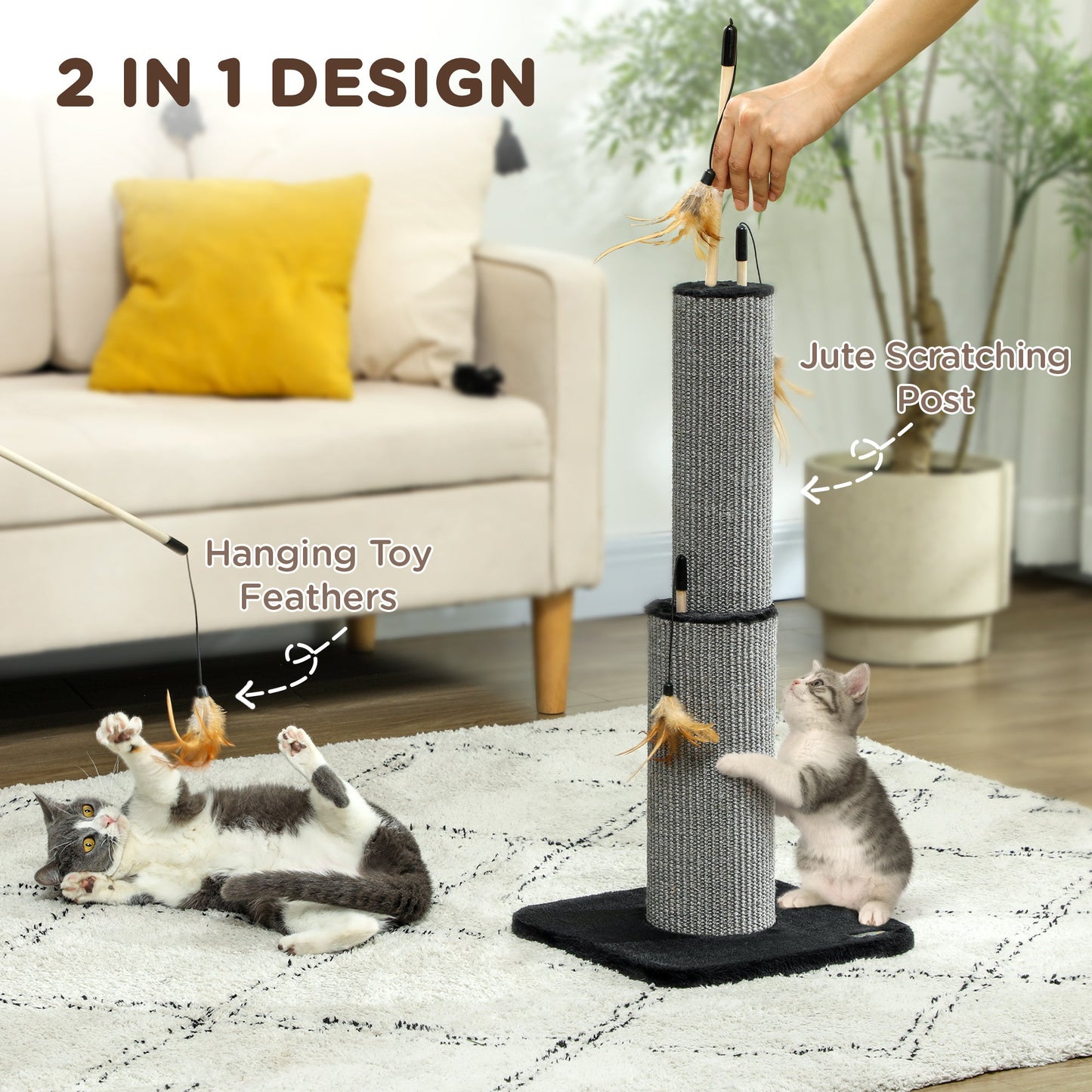 2 in 1 Cat Scratching Post, 78cm Tall Cat Scratch Post with 3 Toy Feathers, Cat Scratcher Post for Indoor Cats and Kittens, Black