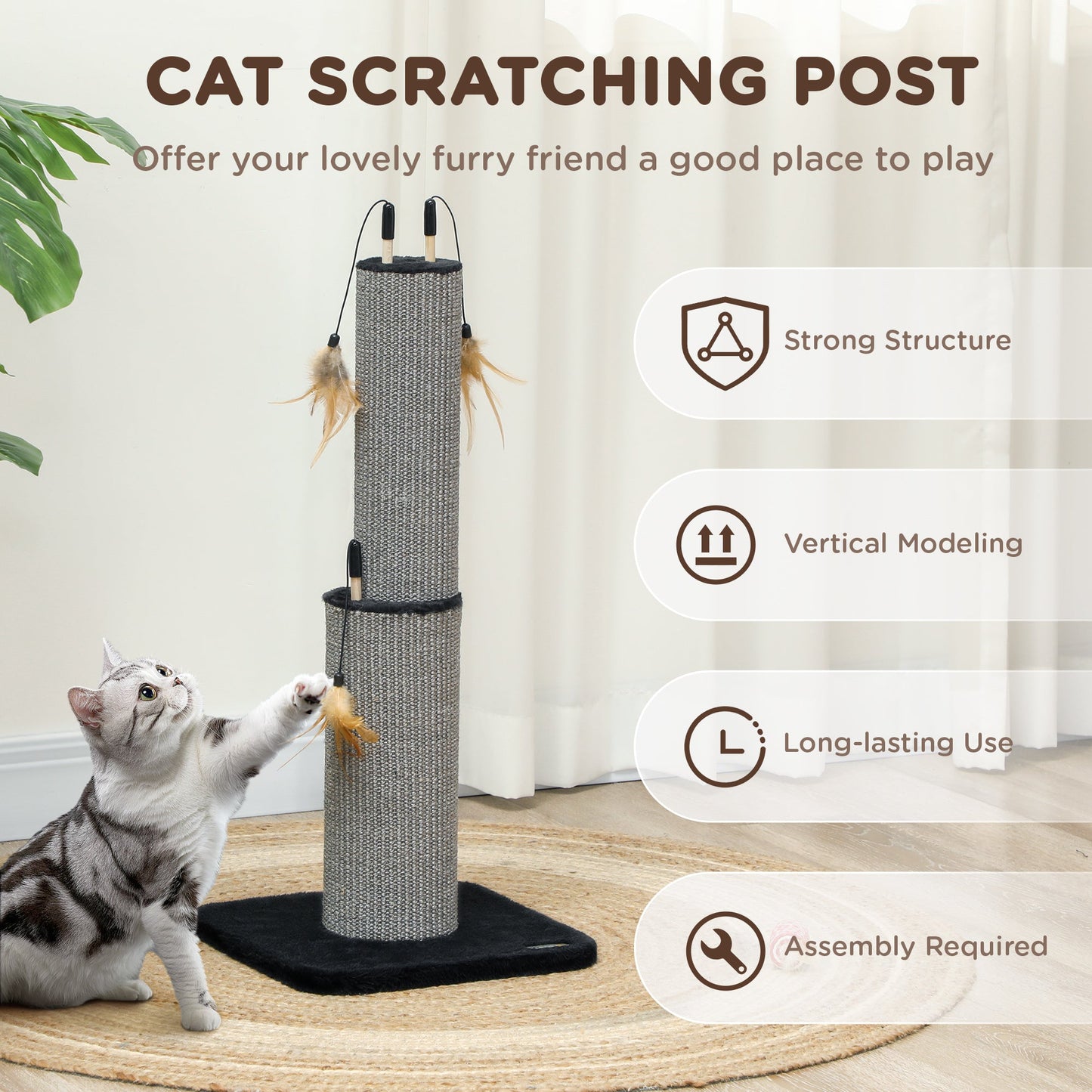 2 in 1 Cat Scratching Post, 78cm Tall Cat Scratch Post with 3 Toy Feathers, Cat Scratcher Post for Indoor Cats and Kittens, Black