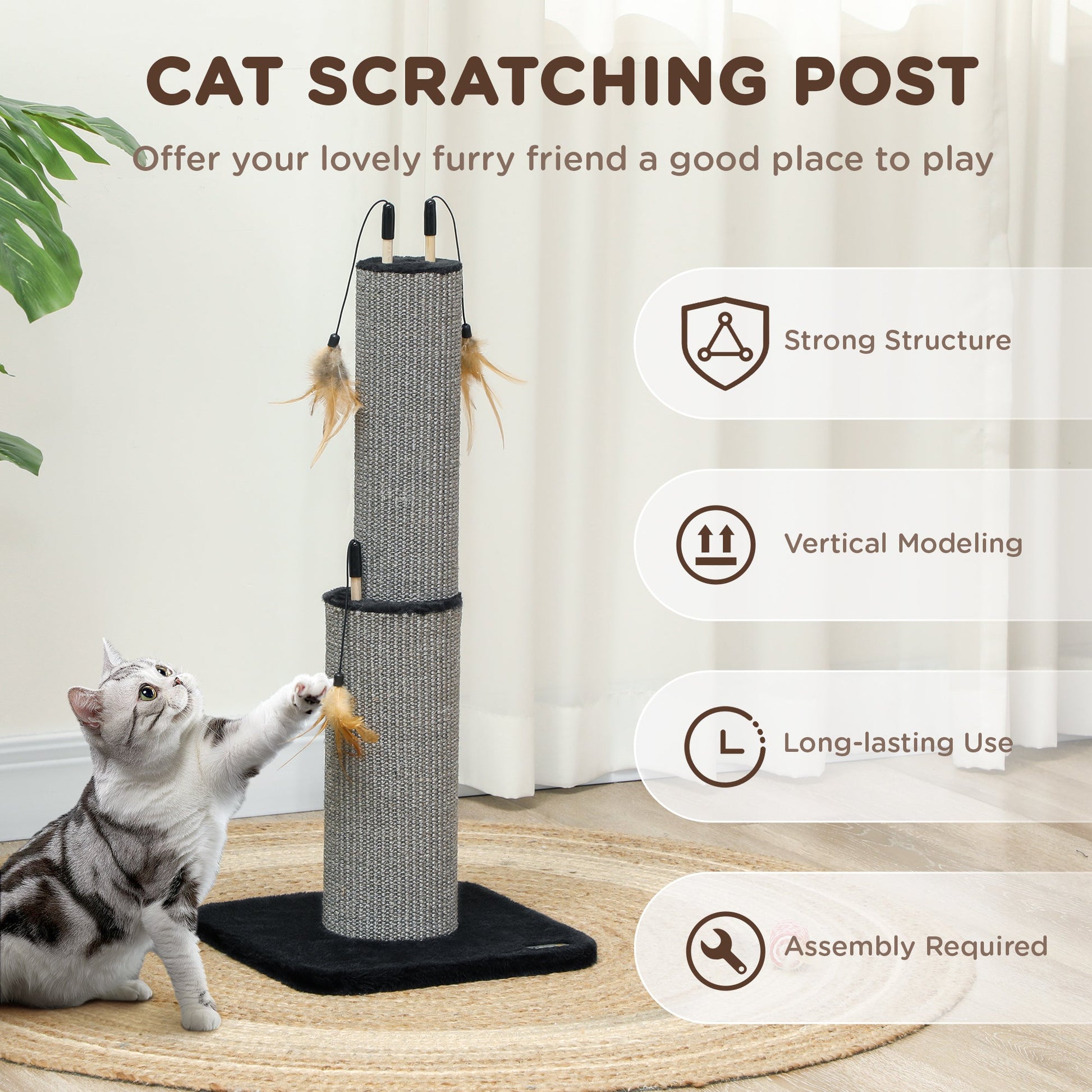 2 in 1 Cat Scratching Post, 78cm Tall Cat Scratch Post with 3 Toy Feathers, Cat Scratcher Post for Indoor Cats and Kittens, Black