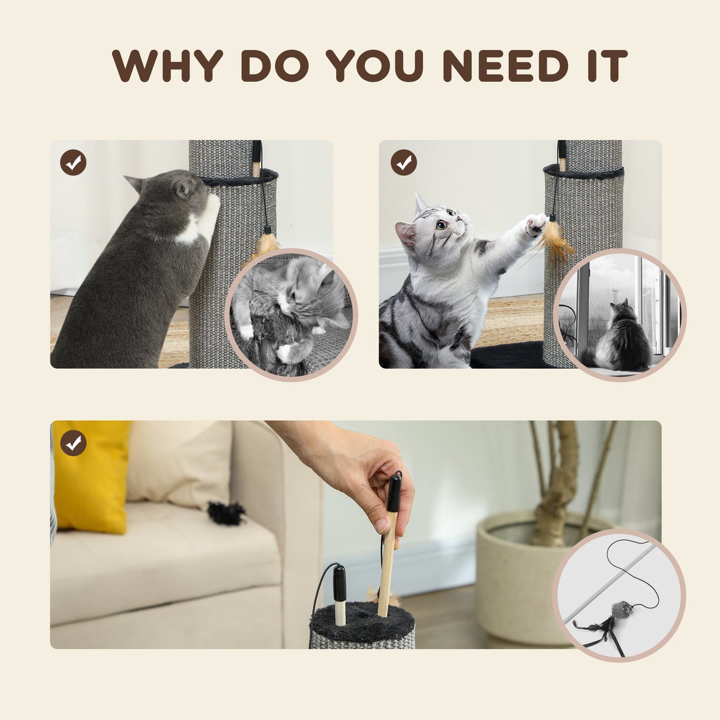 2 in 1 Cat Scratching Post, 78cm Tall Cat Scratch Post with 3 Toy Feathers, Cat Scratcher Post for Indoor Cats and Kittens, Black