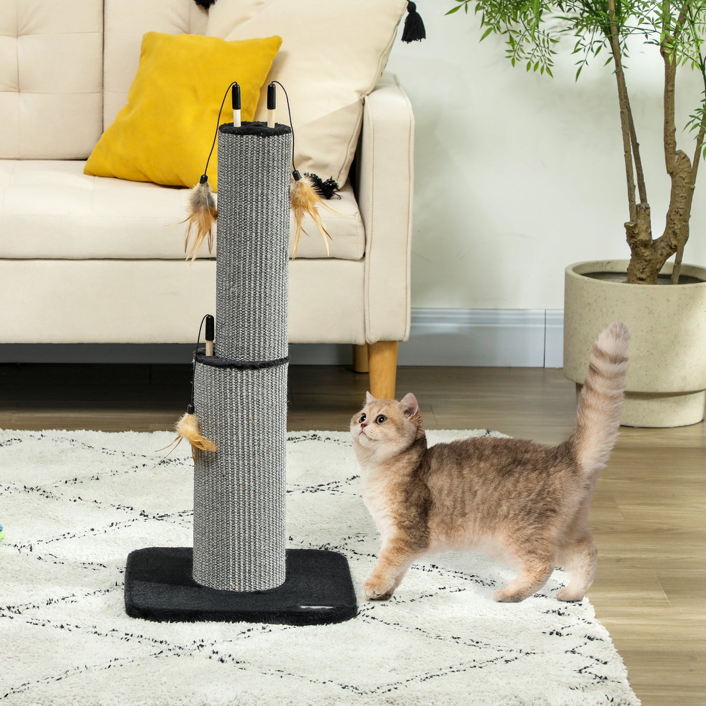 2 in 1 Cat Scratching Post, 78cm Tall Cat Scratch Post with 3 Toy Feathers, Cat Scratcher Post for Indoor Cats and Kittens, Black
