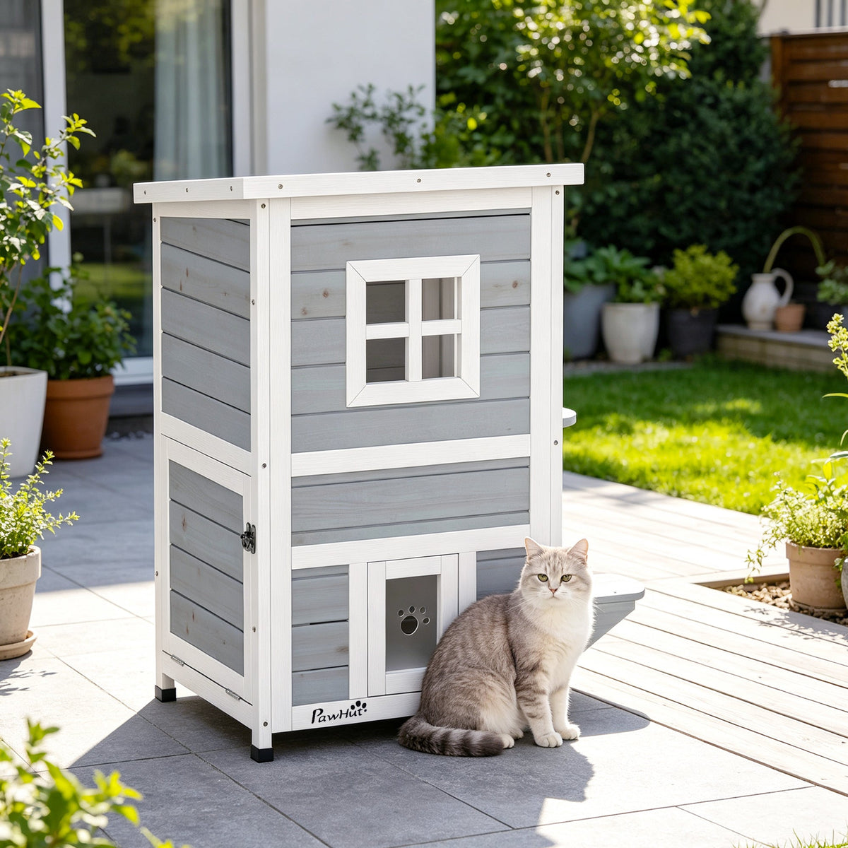 Wooden Cat House 2-Floor Outdoor Kitten Shelter with 3 Doors and Window Grey