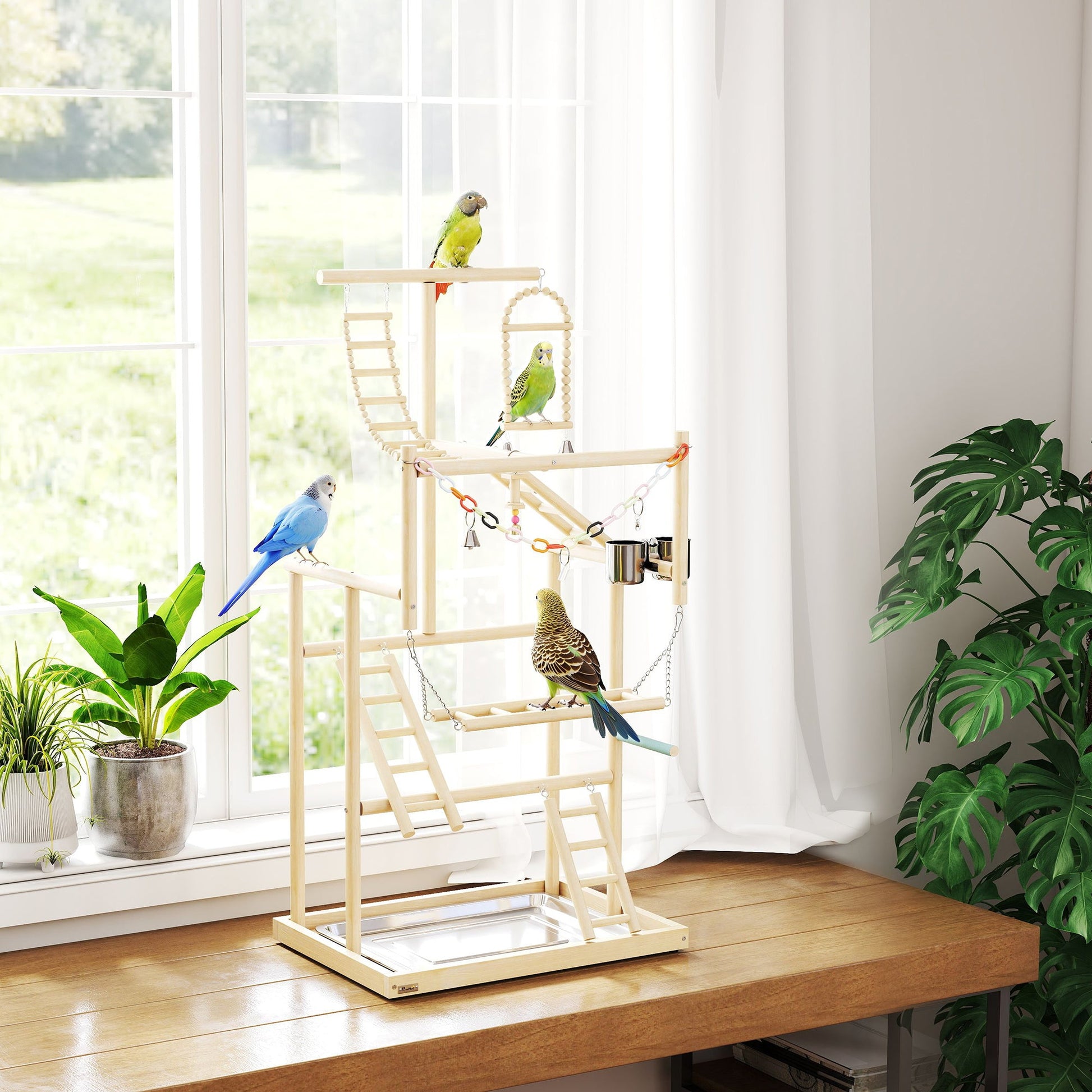 Parrot Play Stand, 95 cm Wooden Bird Playground with Ladders, Chain Toy, Stainless Steel Cups and Tray, Bird Cage Accessories for Parakeets, Cockatiels, Finches, Lovebirds, Budgie