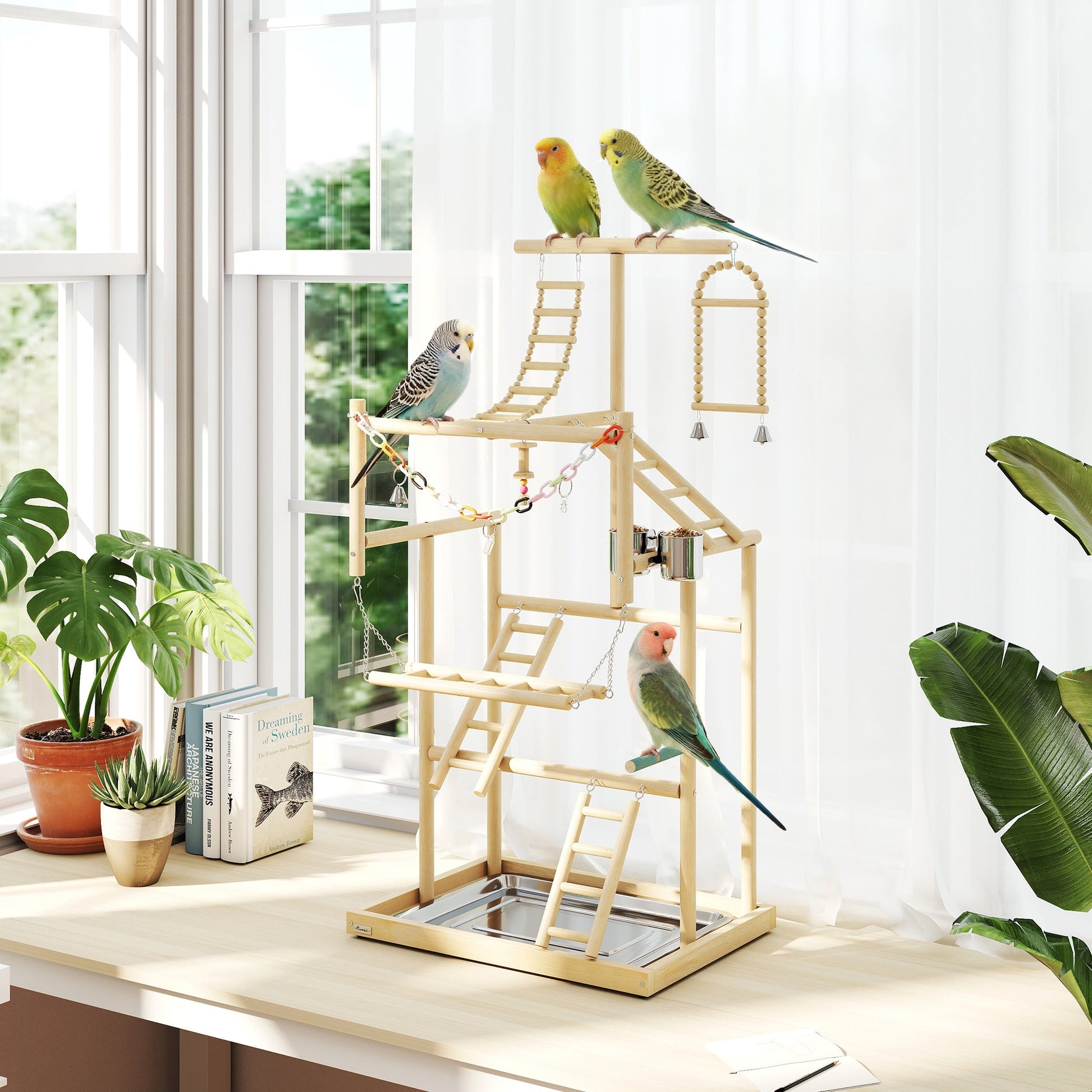 Parrot Play Stand, 95 cm Wooden Bird Playground with Ladders, Chain Toy, Stainless Steel Cups and Tray, Bird Cage Accessories for Parakeets, Cockatiels, Finches, Lovebirds, Budgie