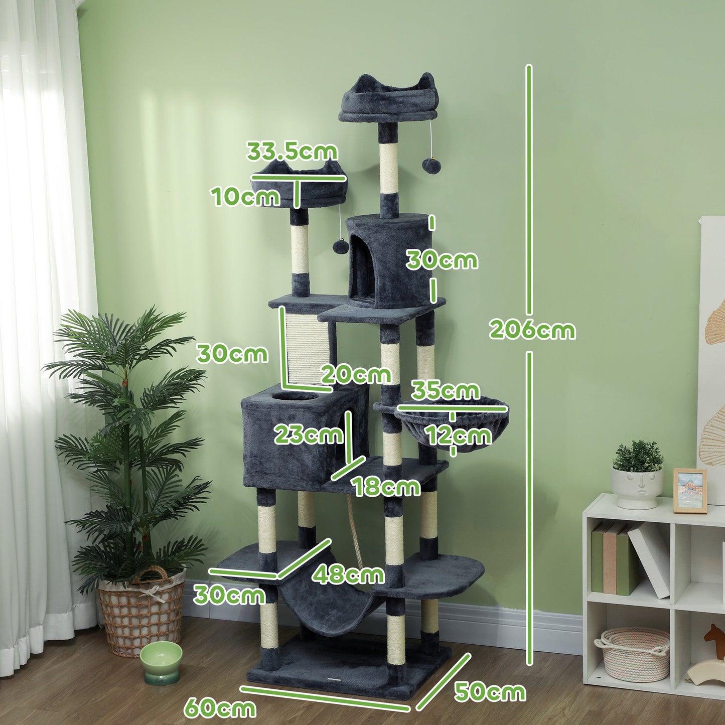 Cat Tree, 206cm Cat Tower with Sisal Scratching Posts and Board, Beds, Condos, Platforms, Hammocks, Toy Balls & Rope, Anti-Tip Kit, Kitten Activity Centre for Indoor, Dark Grey