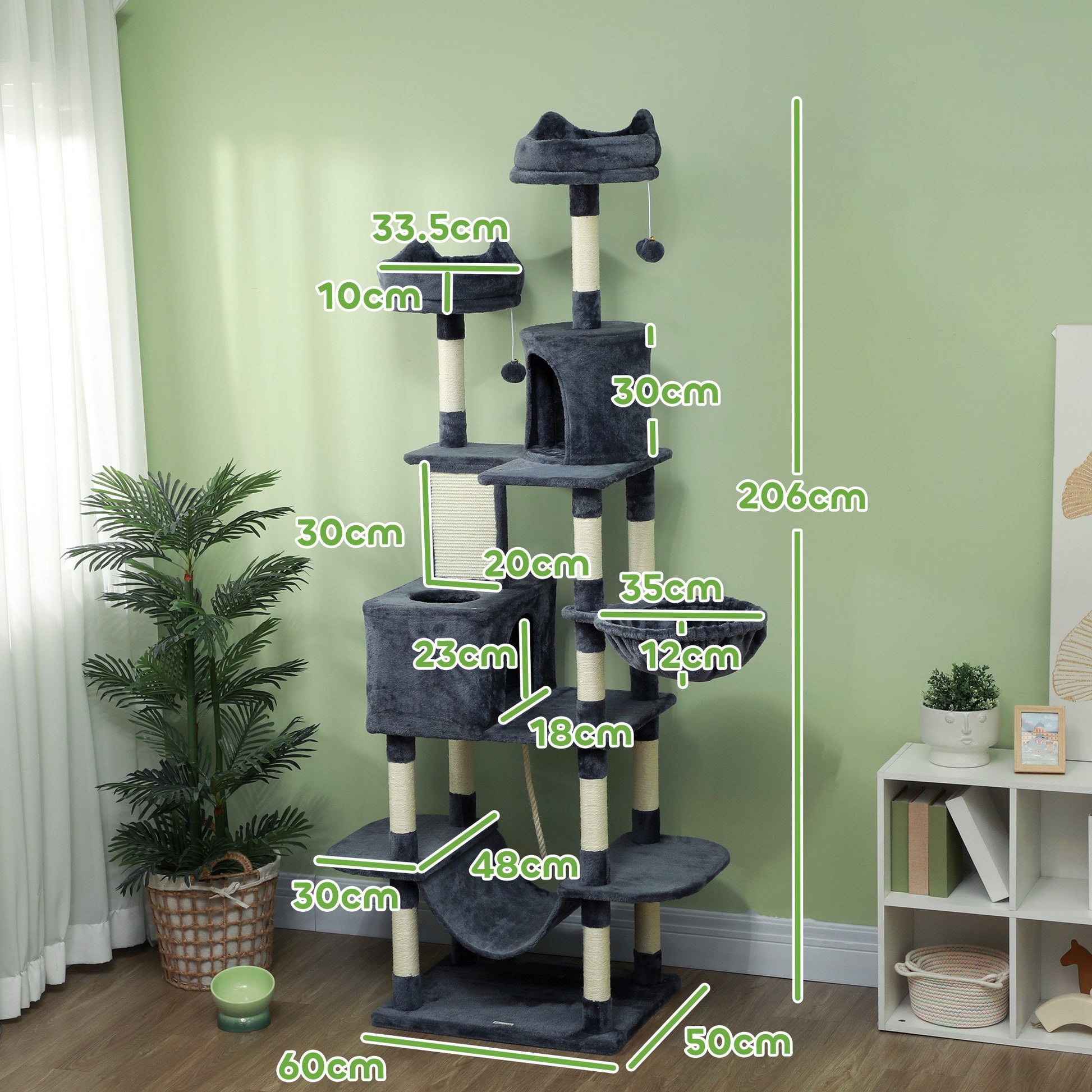 Cat Tree, 206cm Cat Tower with Sisal Scratching Posts and Board, Beds, Condos, Platforms, Hammocks, Toy Balls & Rope, Anti-Tip Kit, Kitten Activity Centre for Indoor, Dark Grey