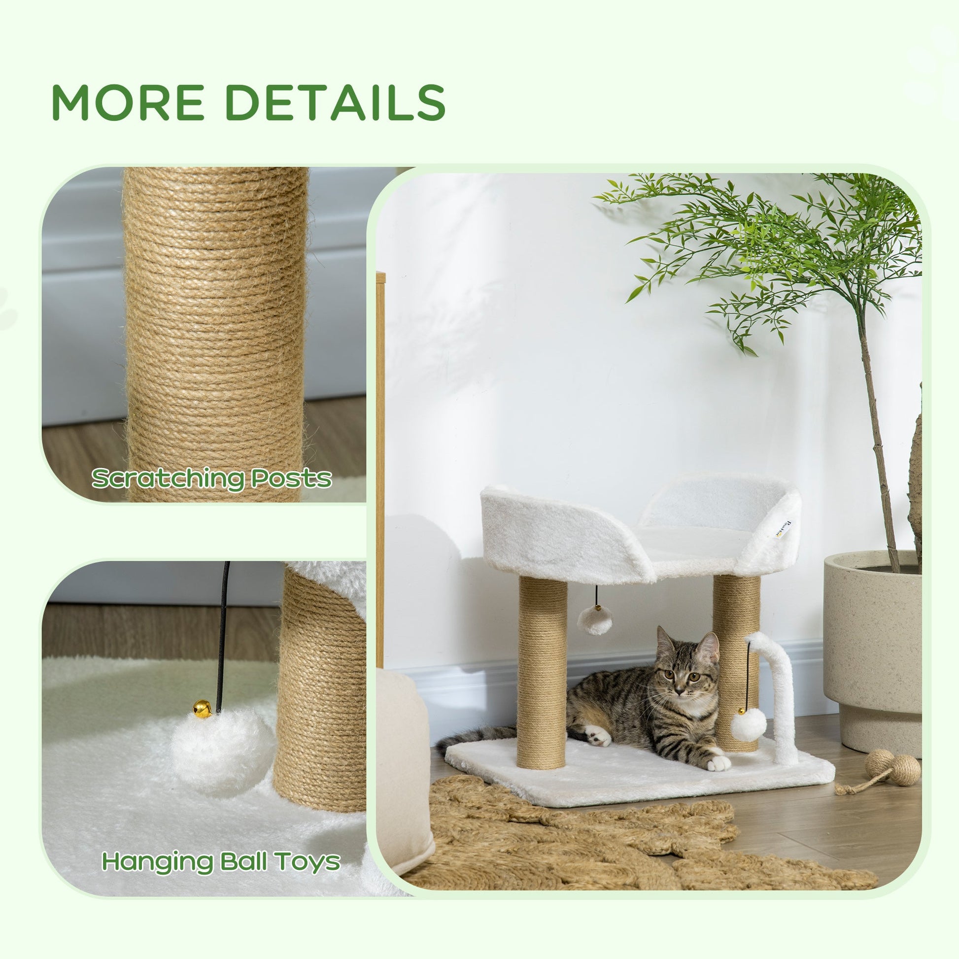 Cat Scratching Post Cat Tree Tower With Bed for Indoor Cats Scratcher Toy Balls 48 x 38 x 42cm - White